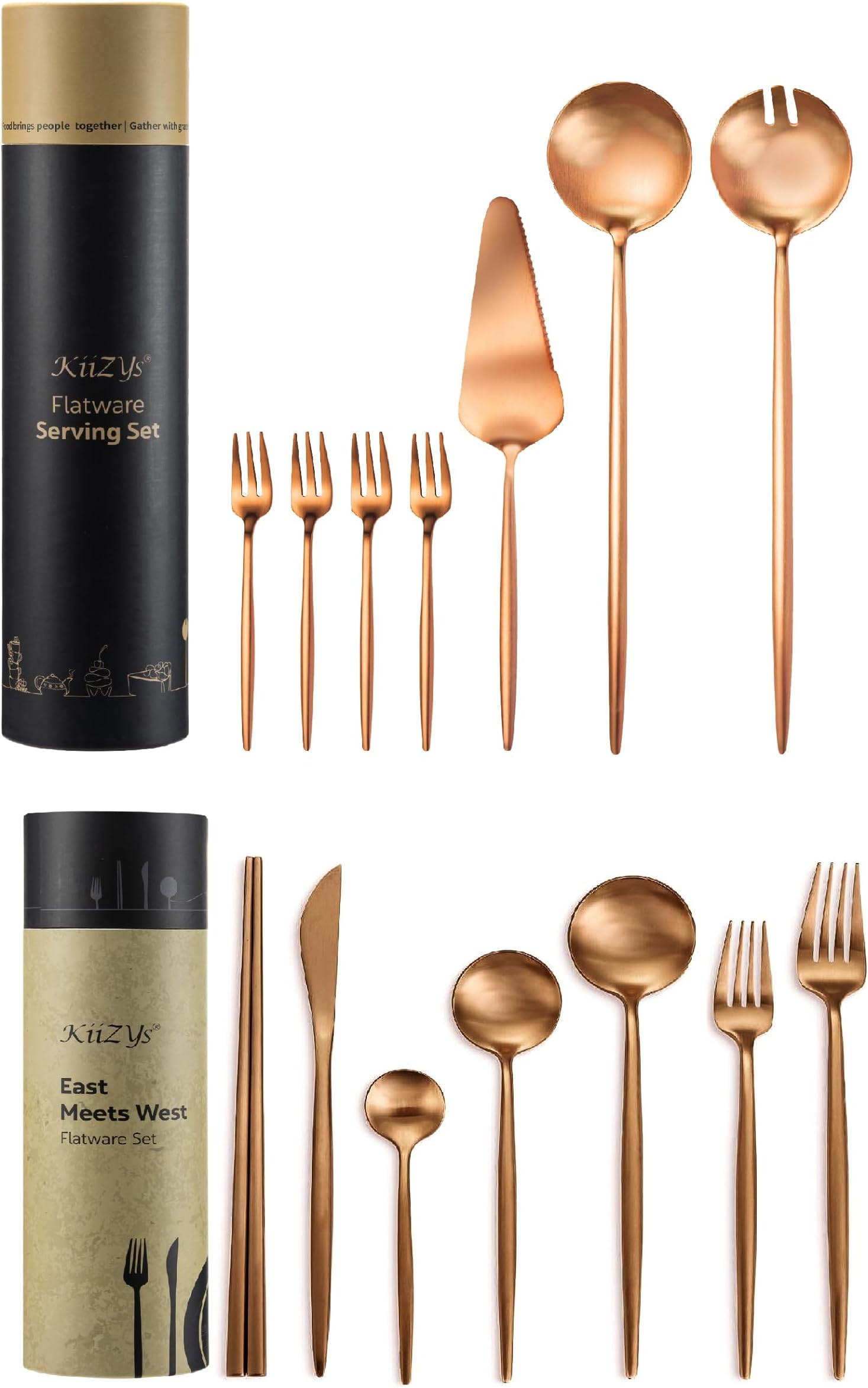 Bundles and Save KiiZYs Matte Copper Silverware Serving Spoons Forks Set - 2 Sets Flatware Utensils Cutlery Home Party