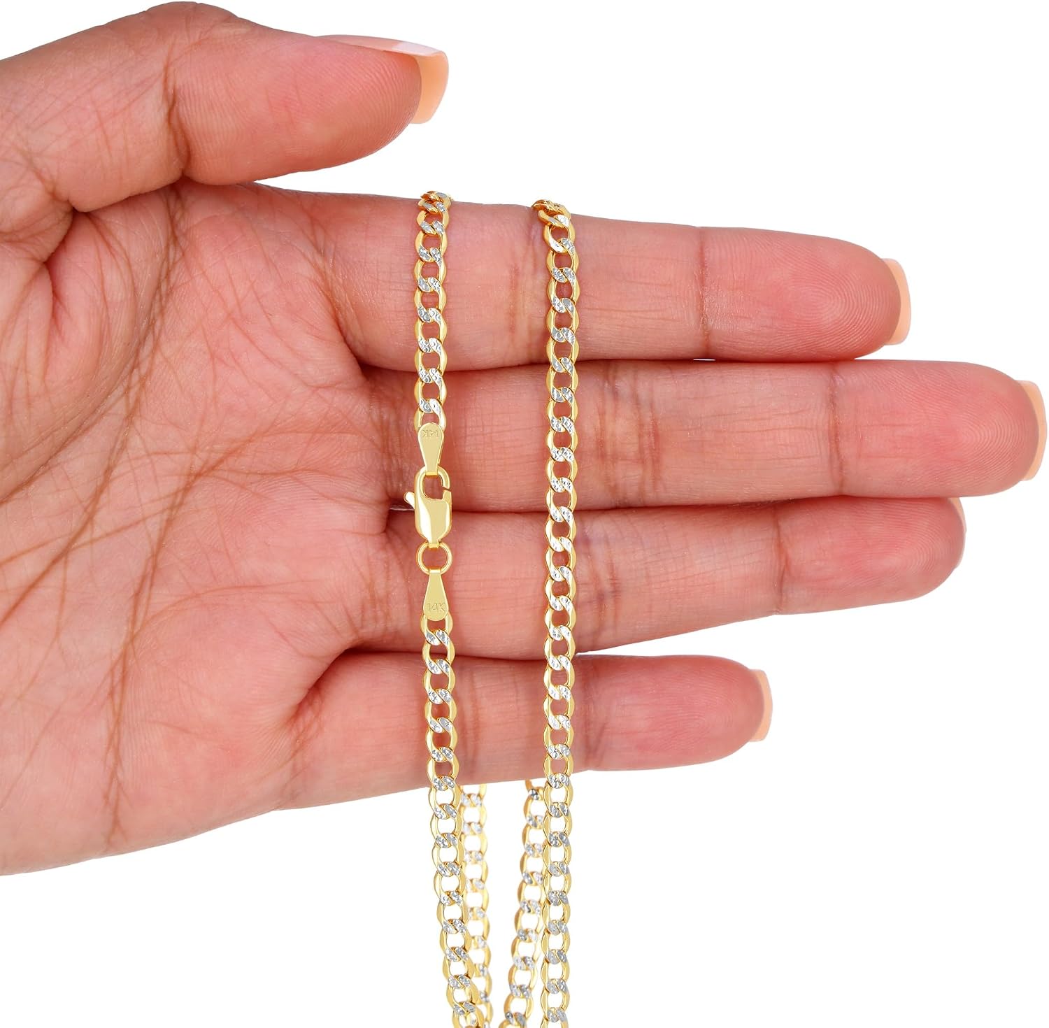 Nuragold 14k Real Yellow Gold Cuban Curb Link 3.5mm Diamond Cut Pave Chain Bracelet (7"-9") Two Tone Italian Jewelry for Men & Women