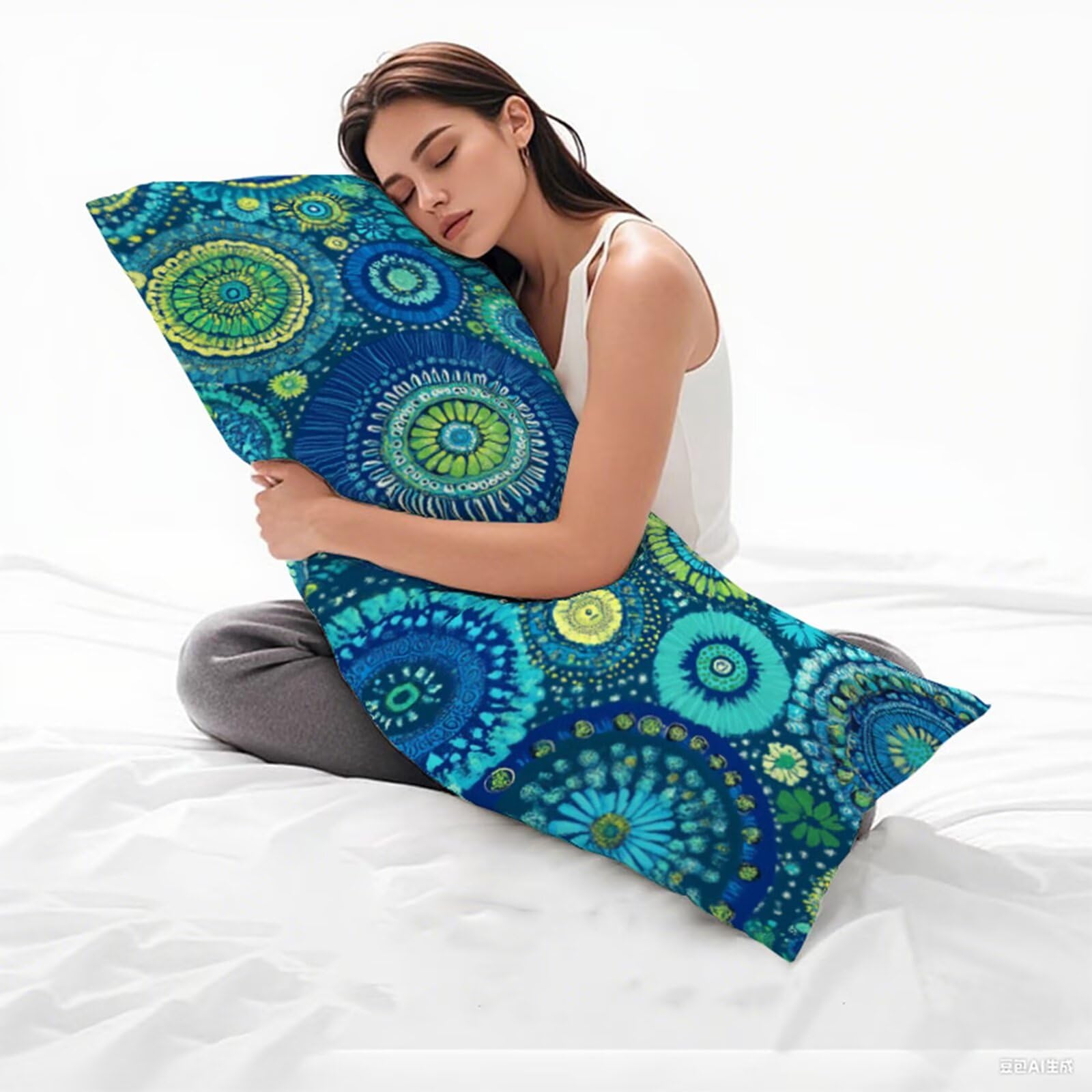 Boczna poduszka do spania, niebieska poszewka na poduszkę 180 x 60 cm duża poszewka na poduszkę, miękka lniana dwustronna poszewka na poduszkę mandala, zamek błyskawiczny ciążowy poduszki do spania z
