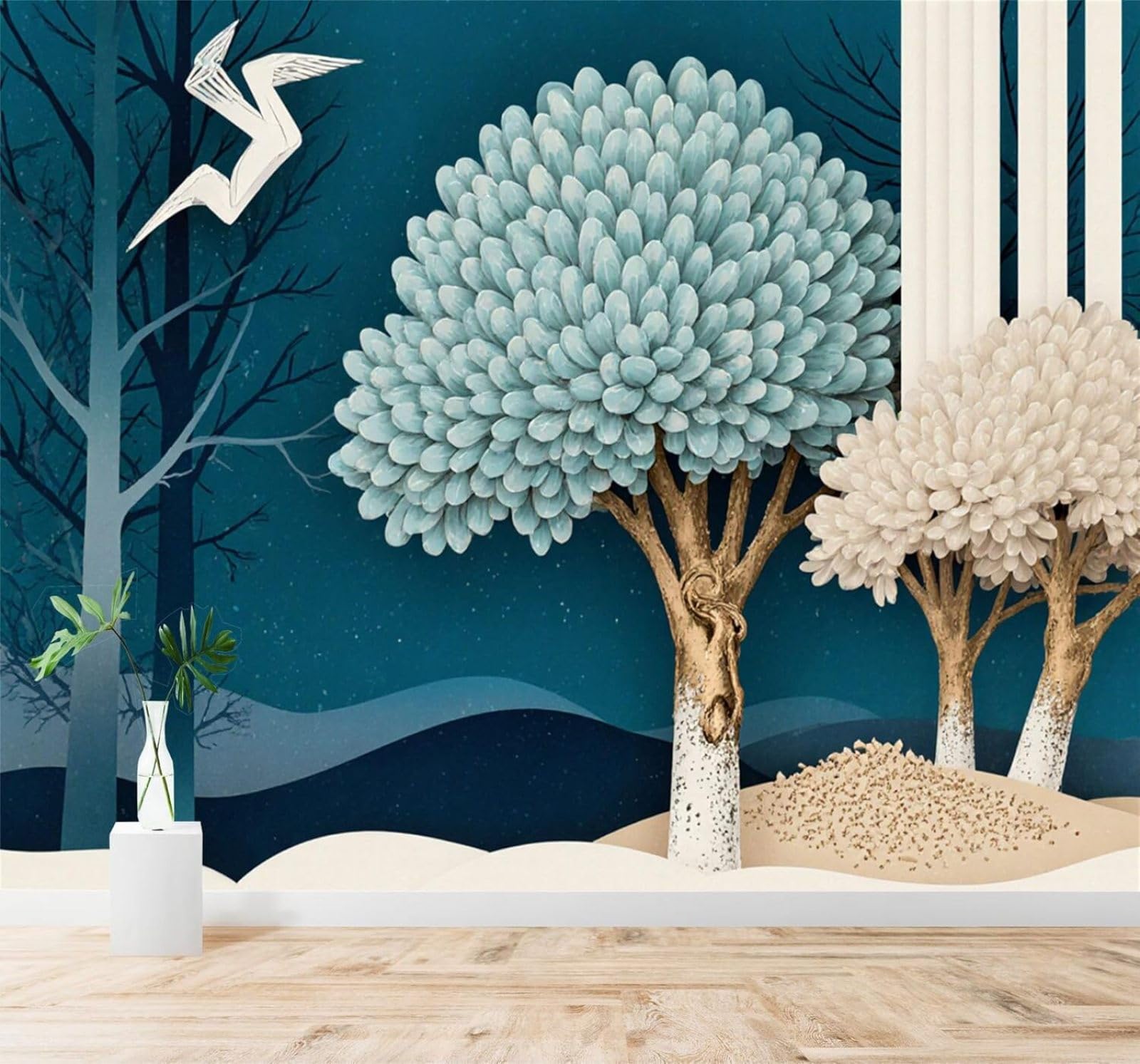 XLMING Creative Elegant Blue and White Trees Birds in Flight Night Sky 3D Wallpaper Silky Texture Home Study Office Grey Dining Room Sofa Bedroom Living Room TV Backdrop-350cm×256cm