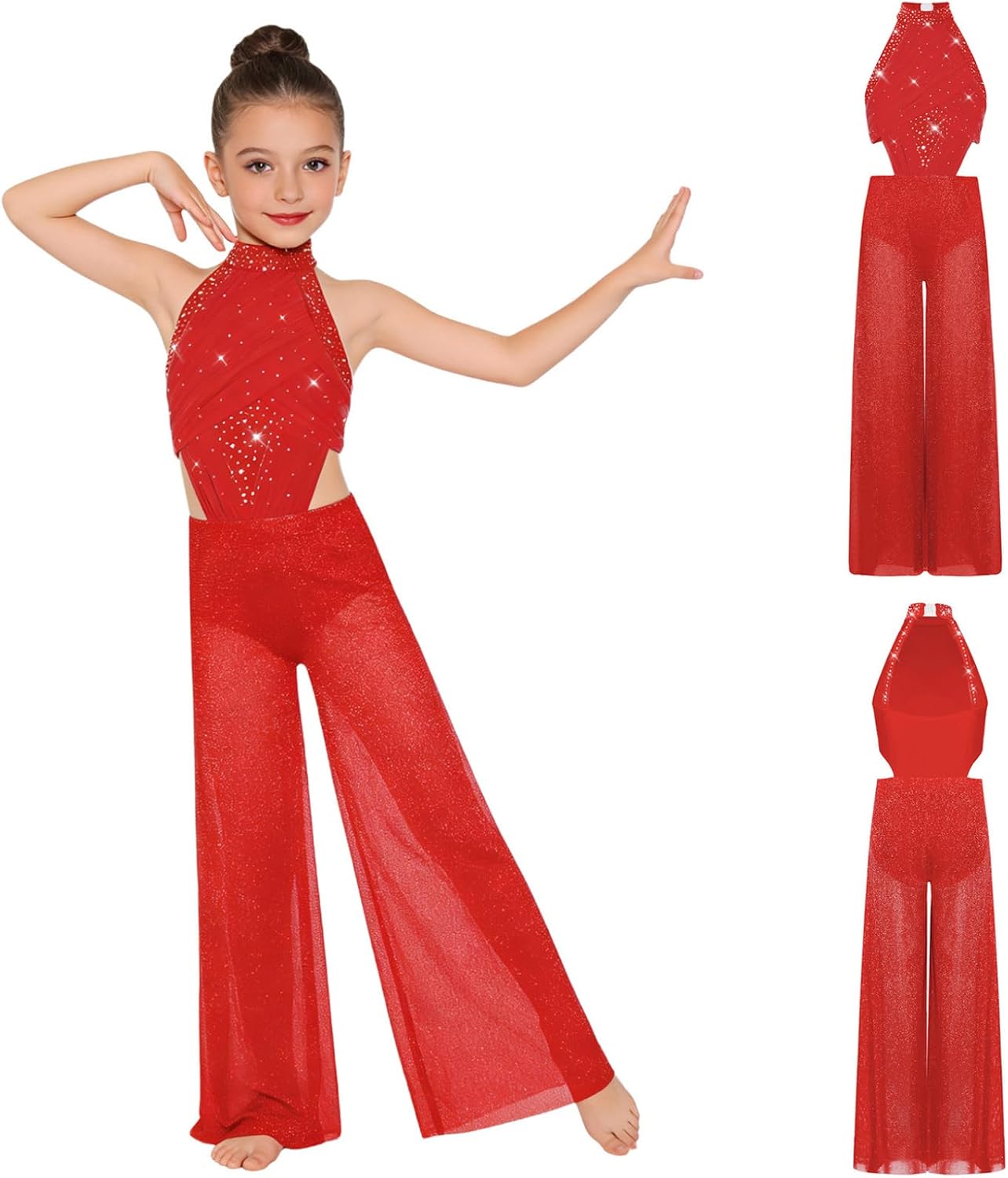 Kids Girls Halter Wide Leg Dance Bodysuit Lyrical Ballet Dance Leotard Shiny Jumpsuit Sleeveless Unitard