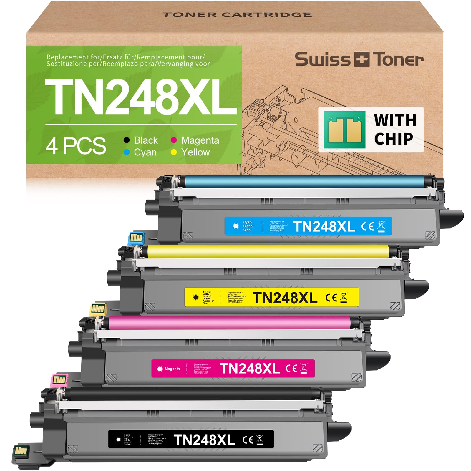 swiss toner TN248XL Compatible con TN248XL TN248 TN-248VAL per Brother MFC-L3740CDWE Toner per Brother DCP-L3560CDW MFC-L3760CDW DCP-L3520CDWE HL-L3240CDW per TN-248XL 248 Toner,4-Pack