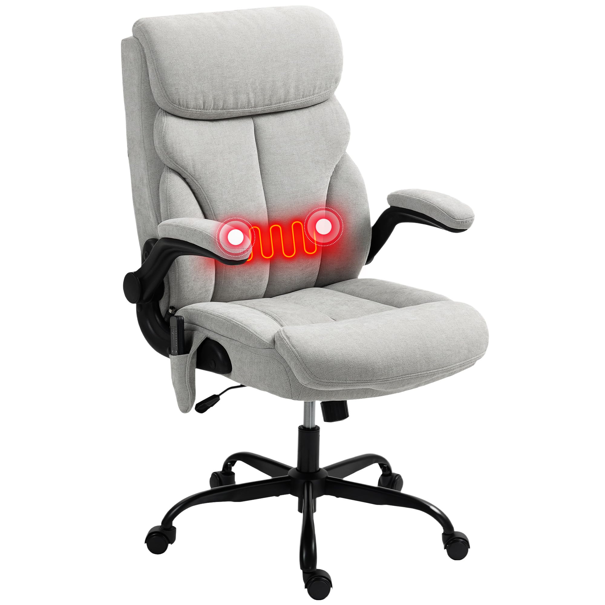 HOMCOM Silla de Oficina con Masaje y Función de Calefacción Silla de Escritorio Giratoria con Altura Ajustable Reposabrazos Abatibles Respaldo Alto y Mando a Distancia Gris