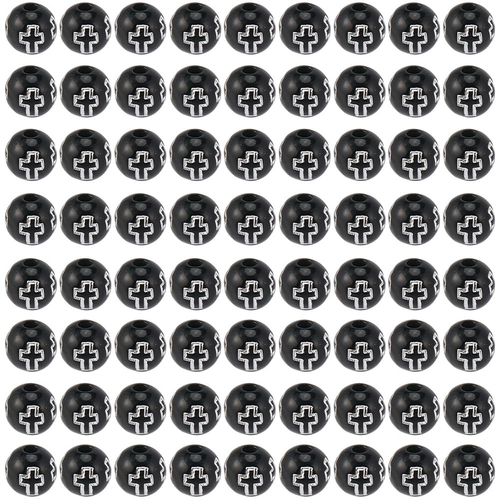 SOFPLATE 500Pcs Round Cross Spacer Beads 8mm Acrylic Bead Silver Easter Crosses Crucifix Pattern Holy Black Ball Shaped Loose Spacers for Bracelets Earrings Necklaces Pendants Jewellery Making Crafts
