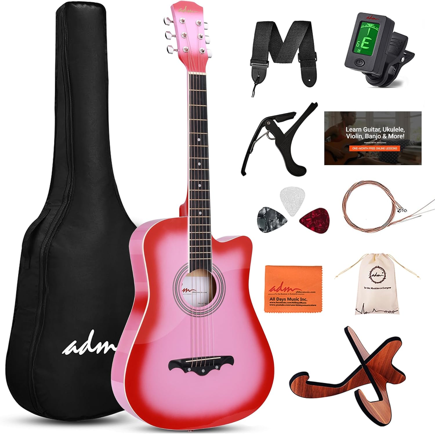 ADM 38" Inch Acoustic Guitar Bundle for Beginners Adults with Online Lesson, Cutaway Wood Acustica Guitarra Starter Set Package with Gig Bag, Strap, Steel Strings, Picks, Capos, Stand, Pink - Image 1 of 7