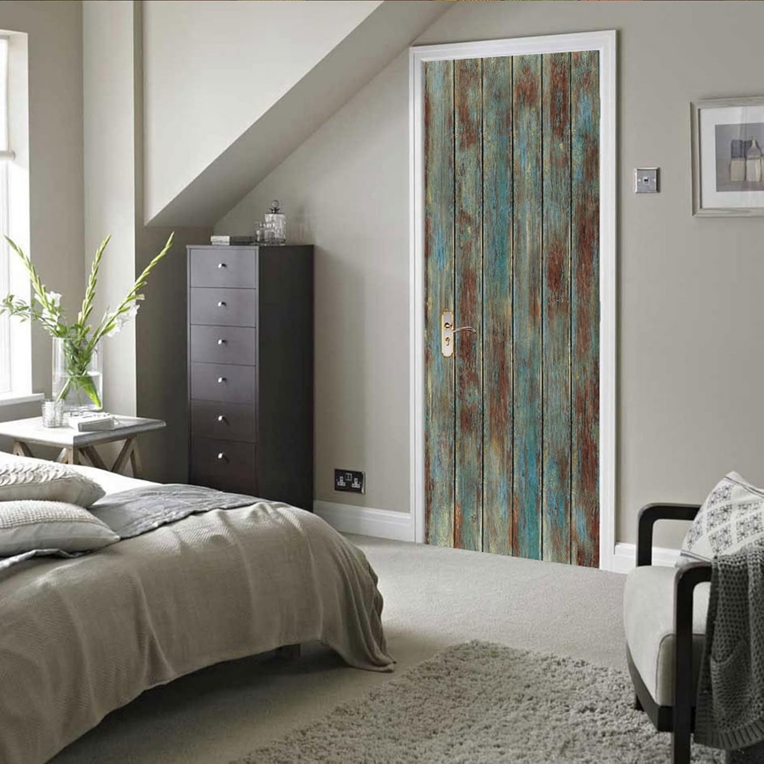 A.Monamour 3D Door Stickers for Interior Doors Old Wooden Boards with Weathered Blue Paint Vinyl Waterproof Self Adhesive Door Mural Decals for Bedroom Office Bathroom 90 x 200 cm