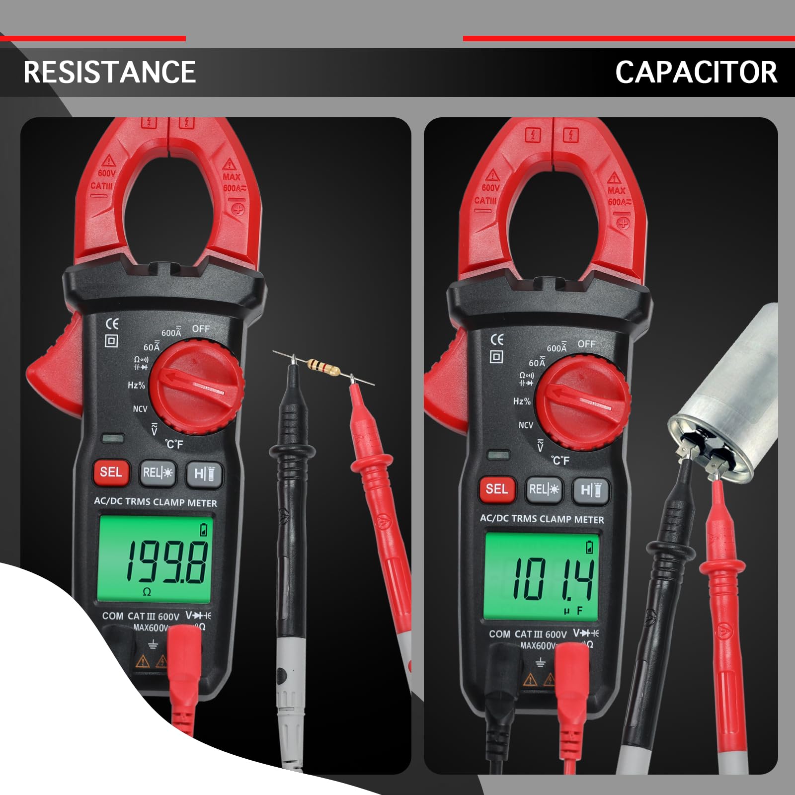 Pinza Amperometrica Multimetro Corrente AC/DC con Sonda Temperatura, Tester NCV Tensione Senza Contatto, Auto-Range 6000 Counts, Frequenza, Resistenza, Capacità – Per HVAC, Auto, Elettricità