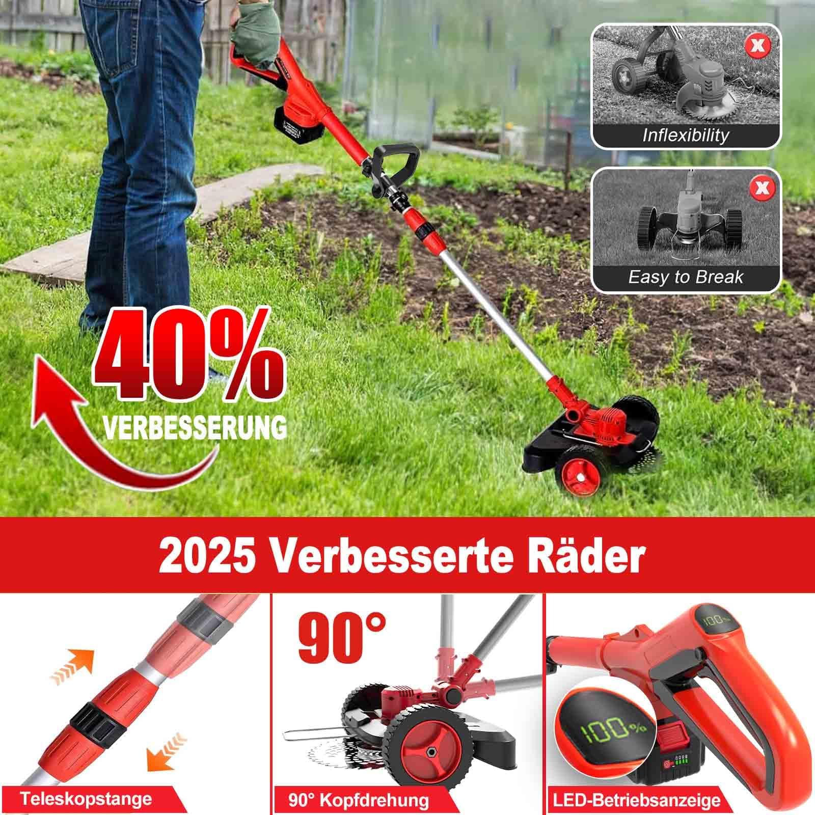 Rasentrimmer mit Akku und Unkrautbürste, 9" Bürstenlose Freischneider,mit 2 Akku 4.0Ah, 21v unkrautbürste akku, Trimmer Garten mit 4 Klingentypen, für Garden Trimmen