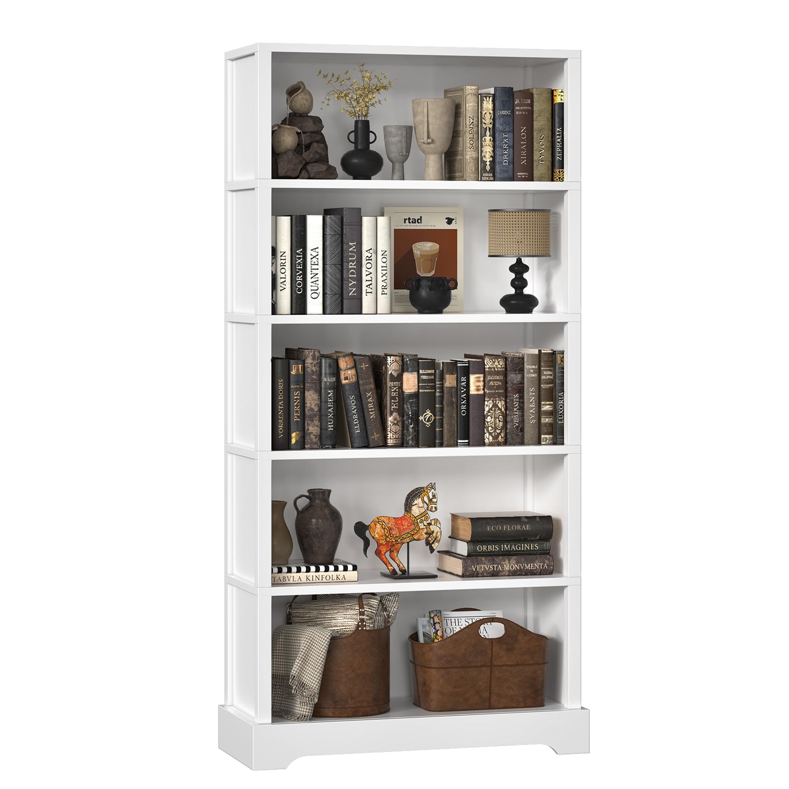 TVU 5 Tiers Wooden Bookshelf, 65.2" Tall Farmhouse Style Open Bookcase, 31.5" Wide Standing Book Shelf with Storage for Study Room, Living Room, White
