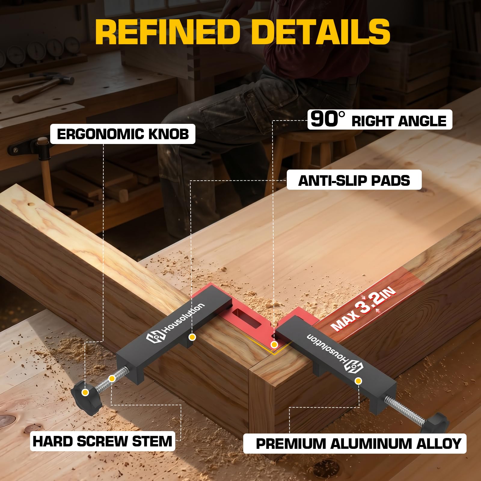 Housolution Serre-Joints d'Angle 90° pour Travail du Bois, Lot de 4, Rouge | 4,05"x2,2" Outil Carré Aluminium avec 4 Serre-Joints C, 1 Clé Allen, 4 Patins Antidérapants, Armoires, Cadres, Tiroirs