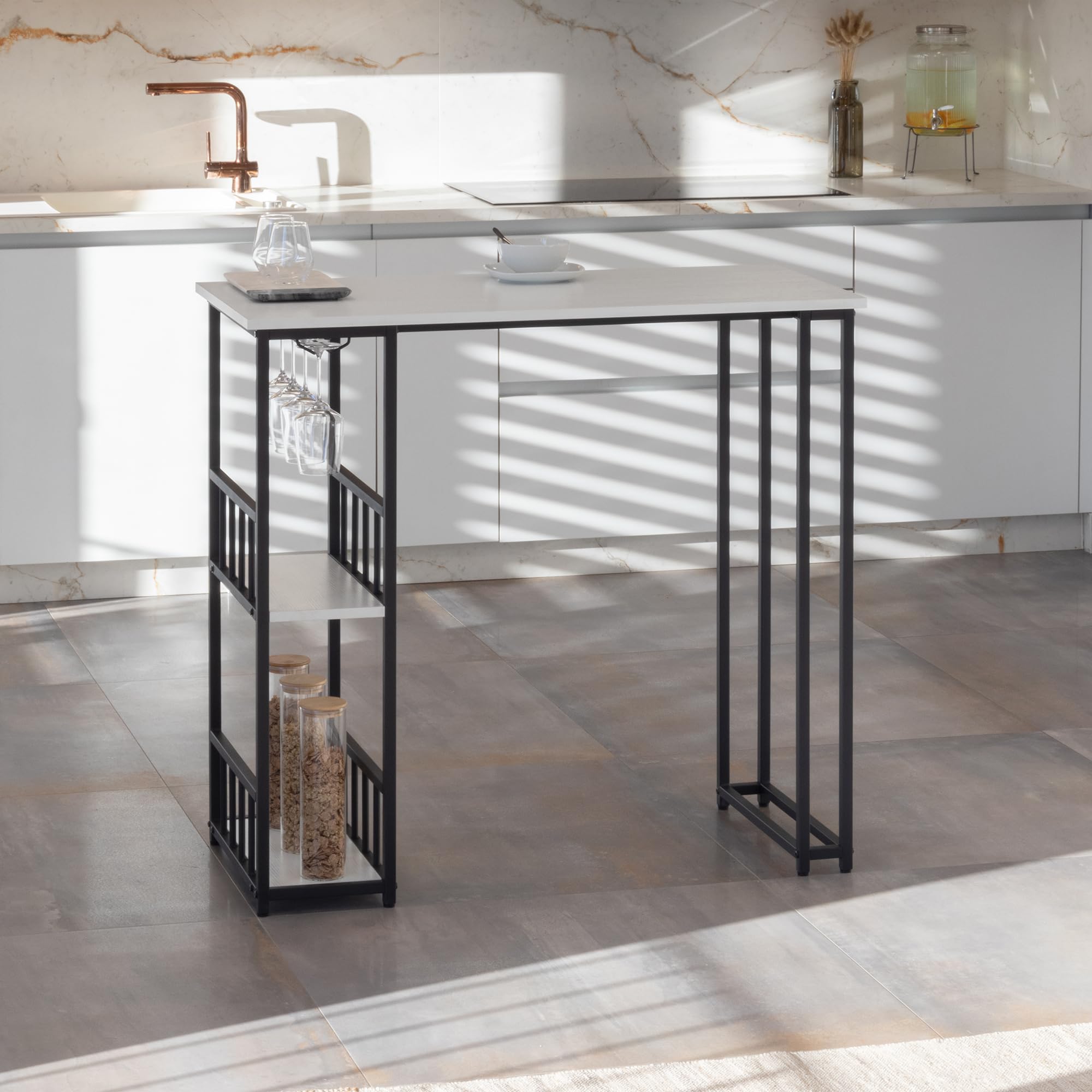 i-flair Bartisch Gavin 110x50x105 cm, Stehtisch 2 cm Dicke hitzebeständige, Kratzfeste & Pflegeleichte Tischplatte, 2 Ablagen, Glashalter, Stahlrahmen, einfacher Aufbau, Industriestil (Weiß)