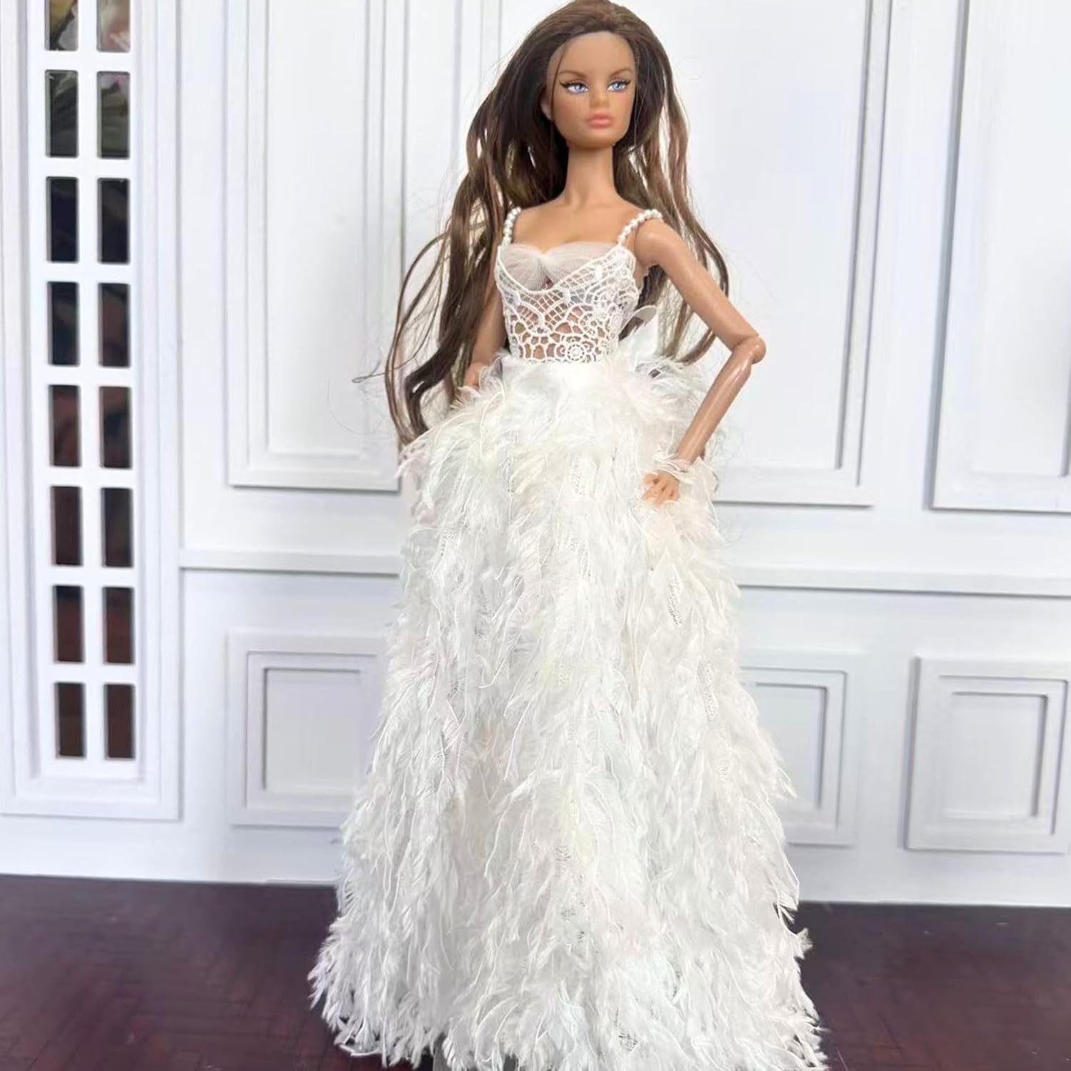 Elegant White Feather Dress with Headdress for 11.5-12 Inch Fashion Dolls, 2 Piece Outfit Set for 1/6 BJD Dolls