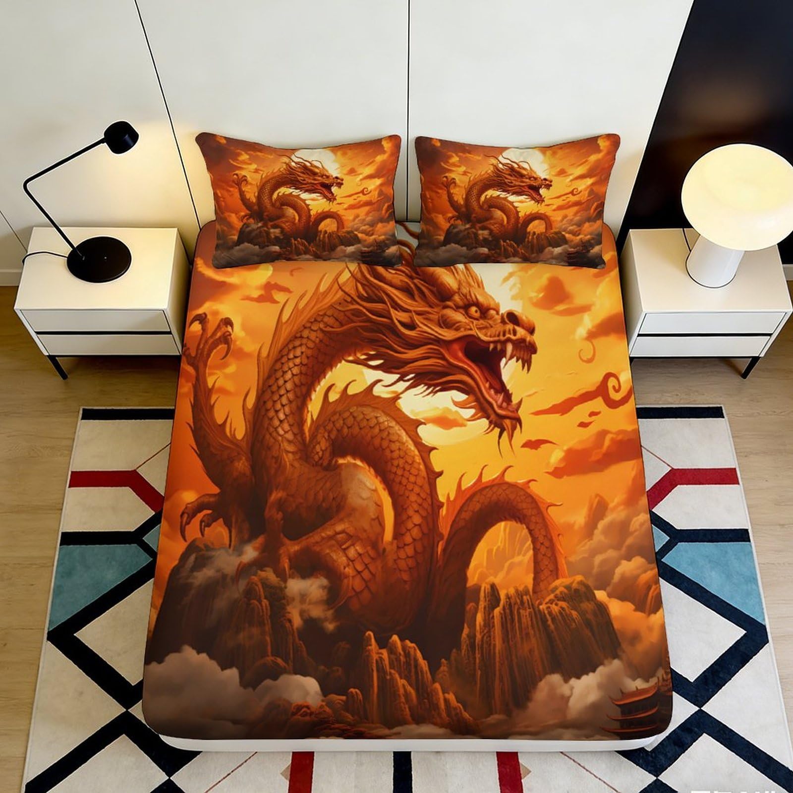 Pnayamiorkfel Style-9 3D Printed Fiery Dragon Fitted Sheet Microfiber Soft Orange Bed Cover For Bedroom Guest Room Dorm Mattress Protection Decor 90X200x25cm