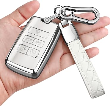 for Land Rover Key Fob Cover with Keychain Soft Full Protection Key Shell Key Case Compatible with 2018-2023 Land Rover Range Rover Evoque Vogue Discovery 5 Sport Jaguar E I-PACE White