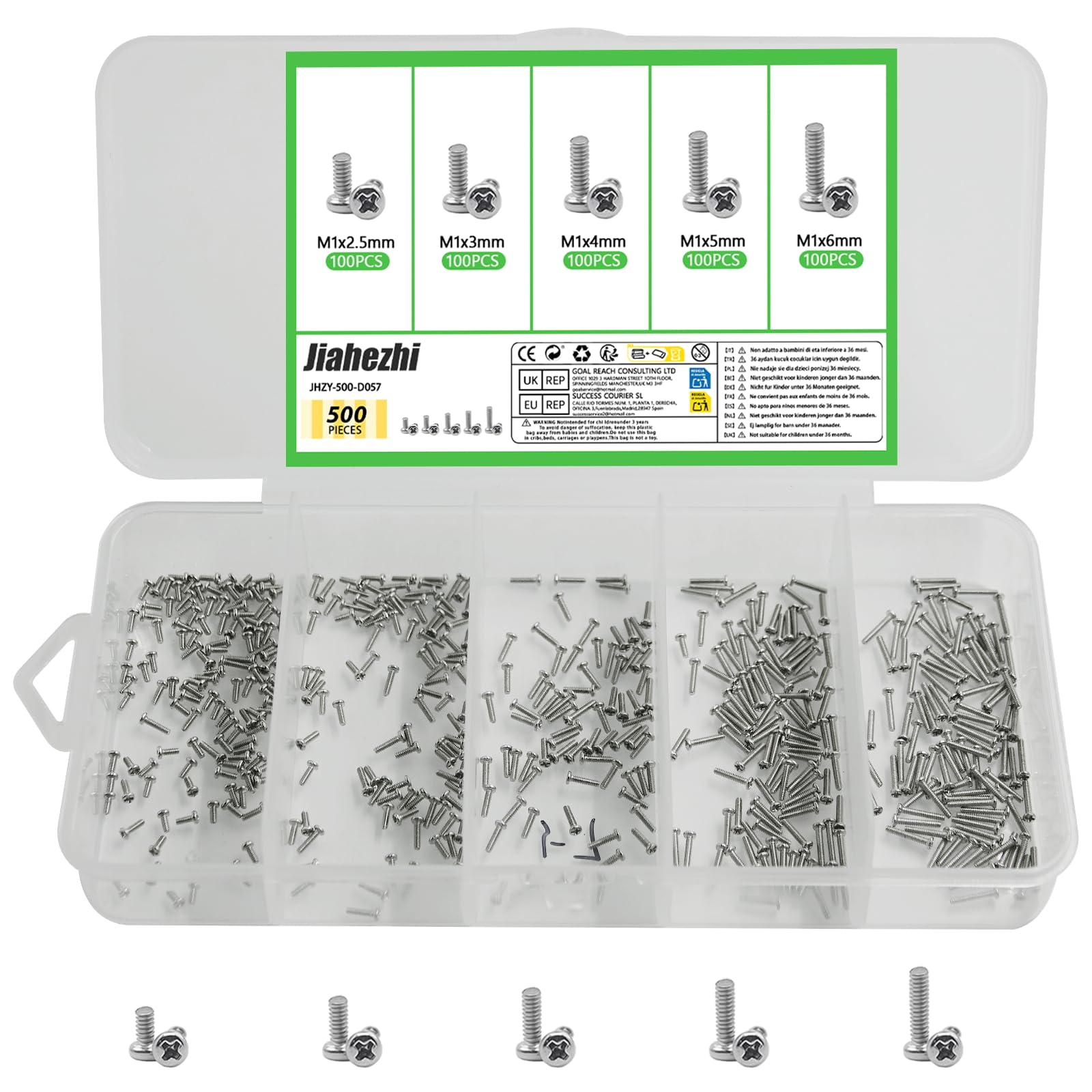 500 Pcs M1 Metric Micro Screws & Nuts Assortment, 304 Stainless Steel Phillips Pan Head Fully Threaded Kit for Arduino, RC Models, Electronics, DIY Projects - High Quality Fasteners