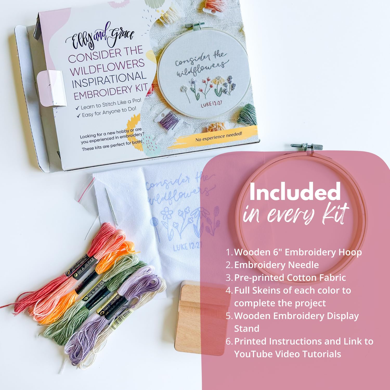 Elly & Grace - Kit de bordado cristiano con aro de bordado, kit de bordado fácil para principiantes y adultos, kit completo de aro de bordado con agujas e hilo incluidos (flores silvestres)
