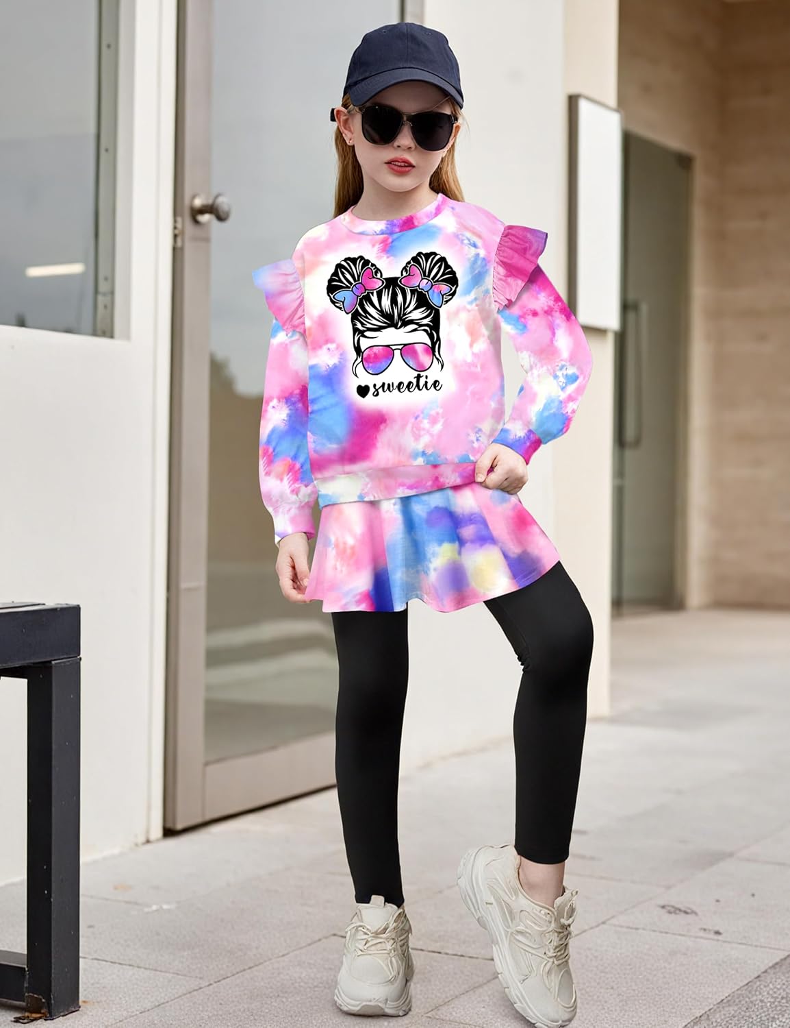 Toddler Girl Clothes,2 Piece Tie Dye Girls Outfits Ruffle Sleeve Graphic Print Top + Skirt Leggings Kids Clothing Set - Image 7