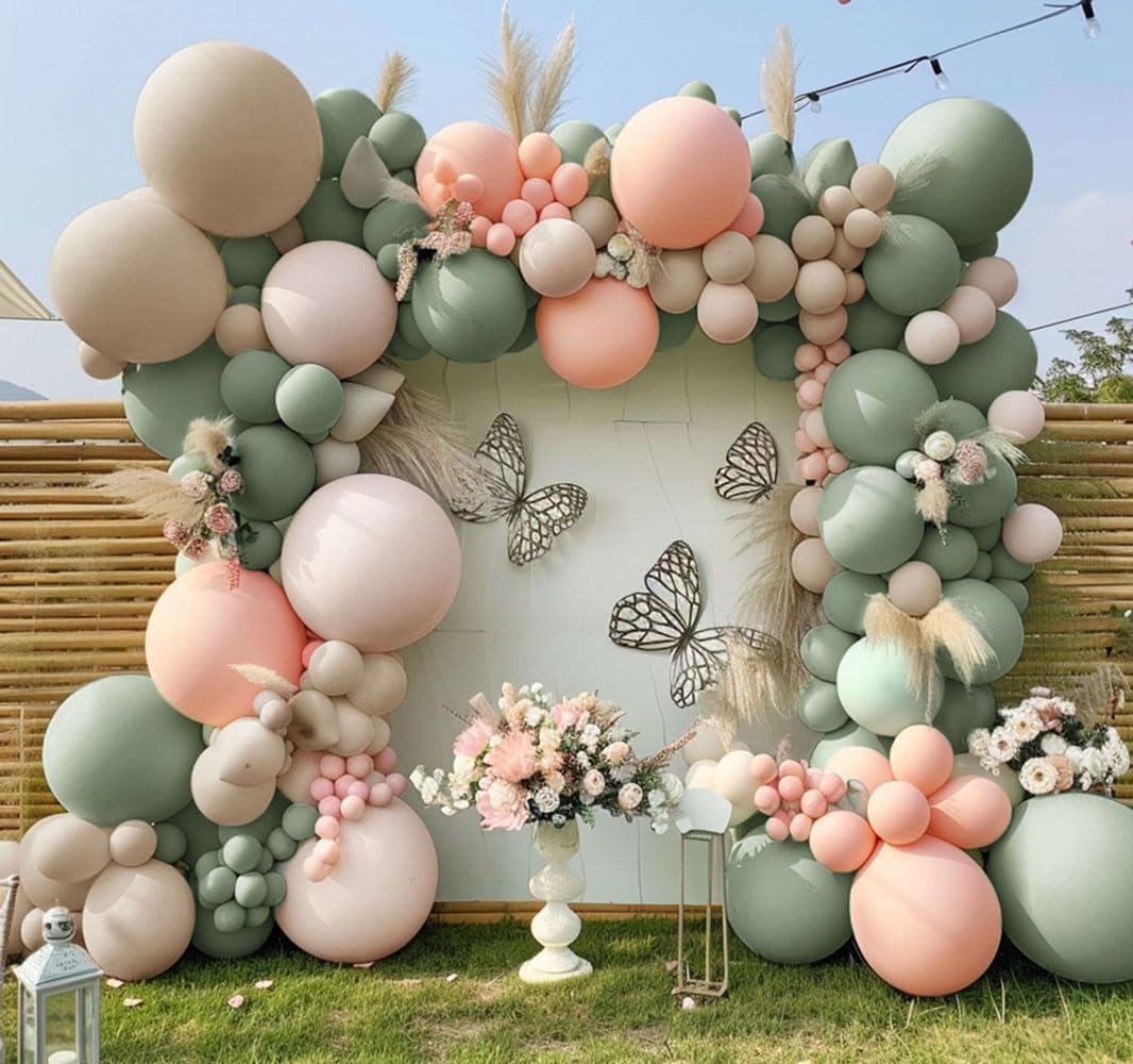Photo 1 of Dusty Green Pink Balloon Garland Double Stuffed Blush Pink Cream Sage Green Peach Sand White Balloon Arch Kit for Baby Bridal Shower Wedding Birthday Spring Party Decoration