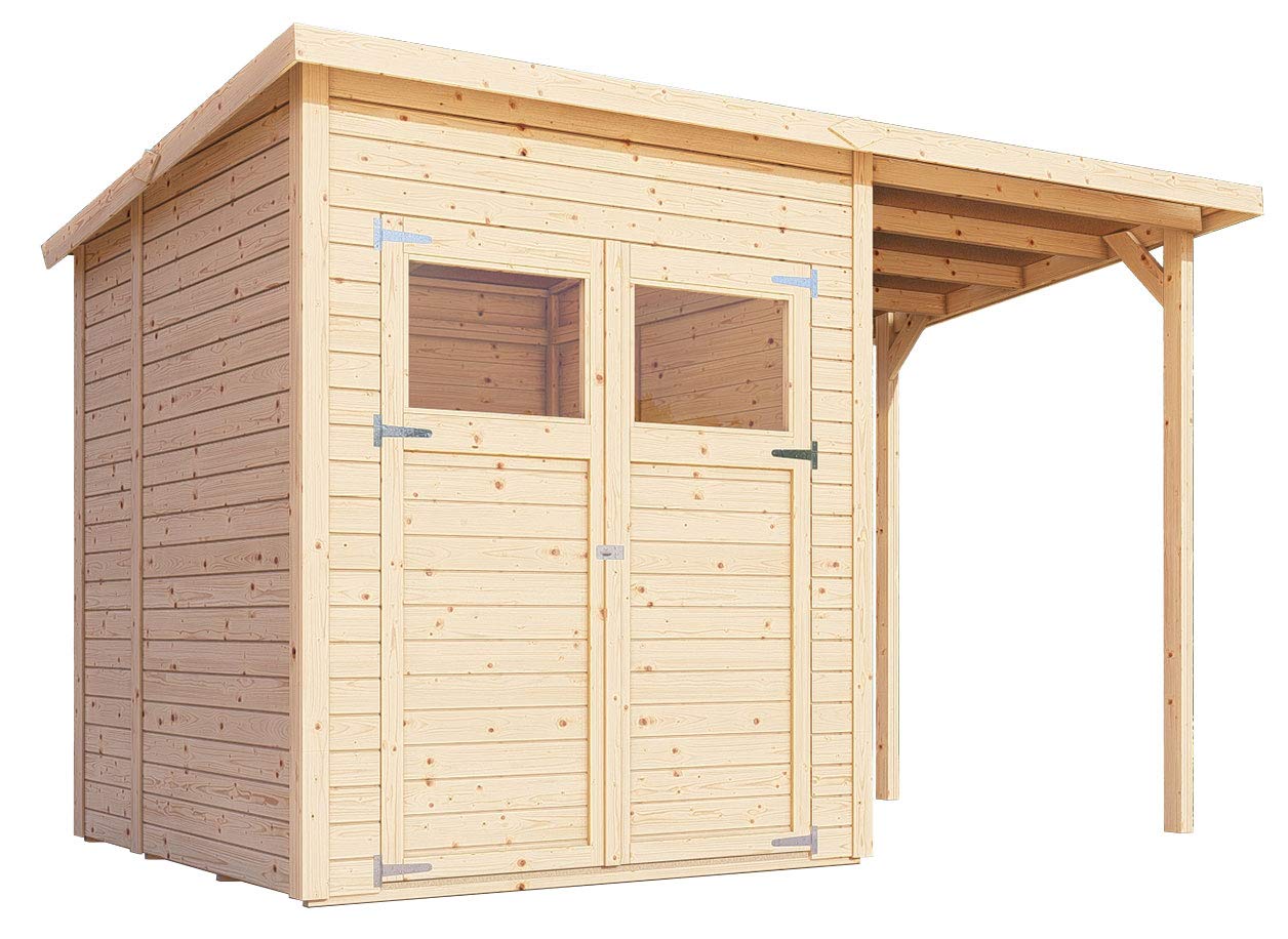 Steiner Shopping Gartenhaus Dresden 02 mit Anbaudach inkl. Fußboden, Naturbelassen - 14 mm Elementgartenhaus, Nutzfläche: 3,00 m², Pultdach