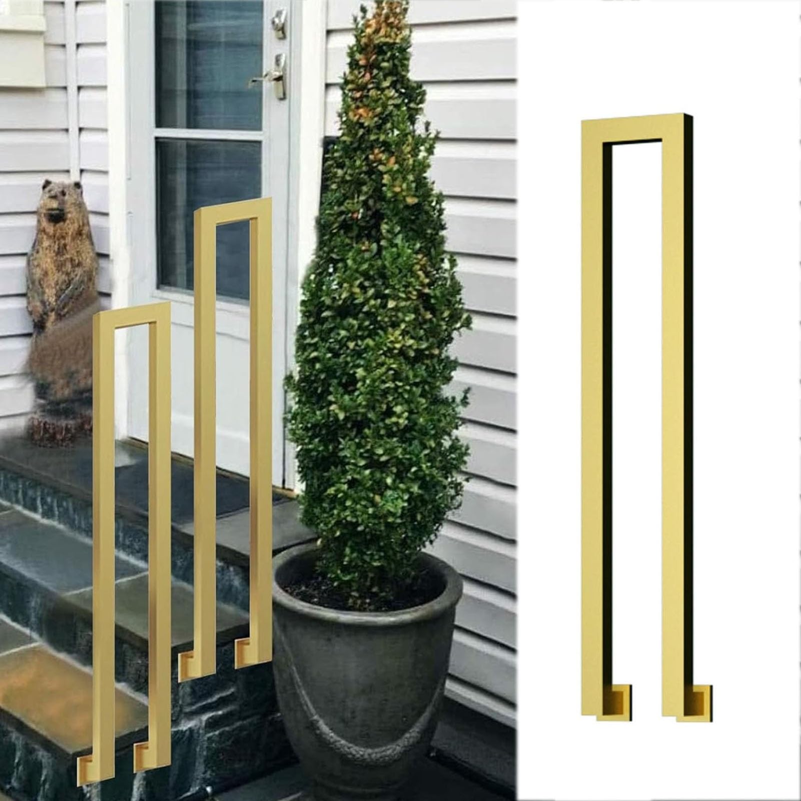 JOUFNING Square Tube Baluster Handrail, U-Shaped Transitional Stair Railing, Wrought Iron Safety Non-slip Stair Railing, Outdoor Steps Support Rod, for Villa Loft(Gold,85cm/33.4in)