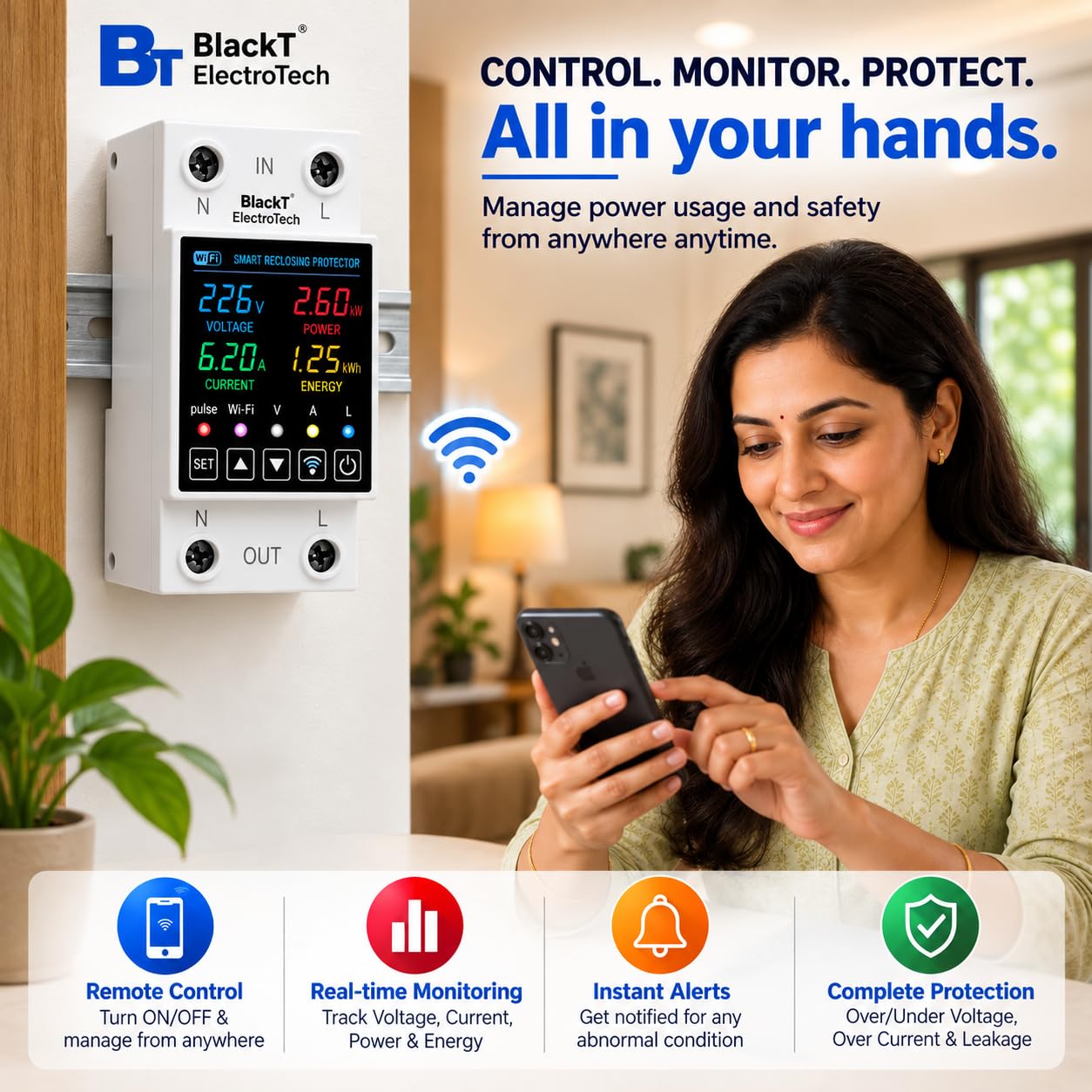 Blackt Electrotech BT720WP Smart Wi-Fi Over/Under Voltage Protector Energy Meter (AC 100-240V, 1-63A) with Leakage Protection, Remote Control & Power Monitoring Smart Life App — Amazon image 3