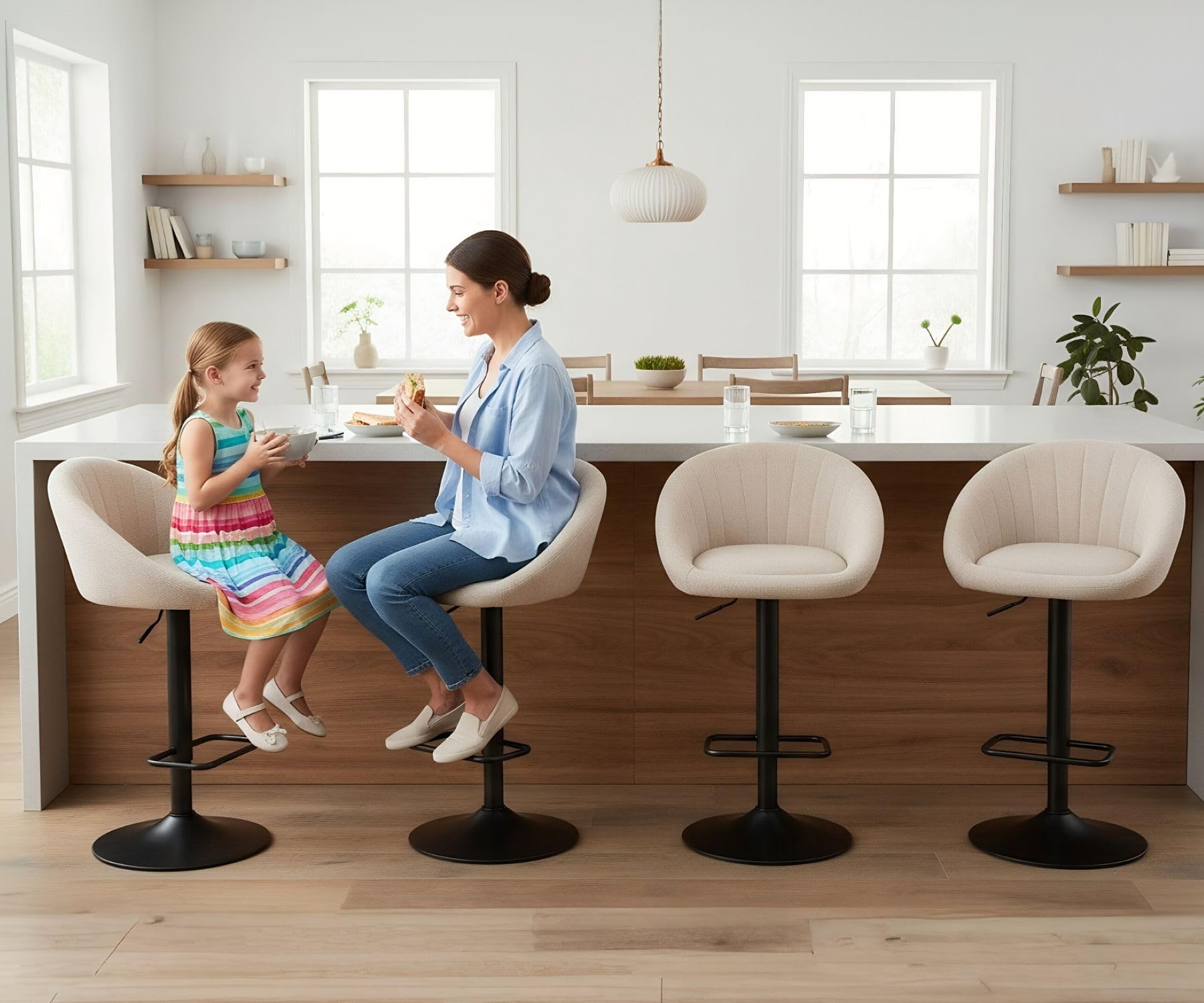 CIMOO Swivel Bar Stools Bar Height Set of 4 with Back Adjustable Counter Height Barstools, Modern Upholstered Stools for Kitchen Island Chairs with