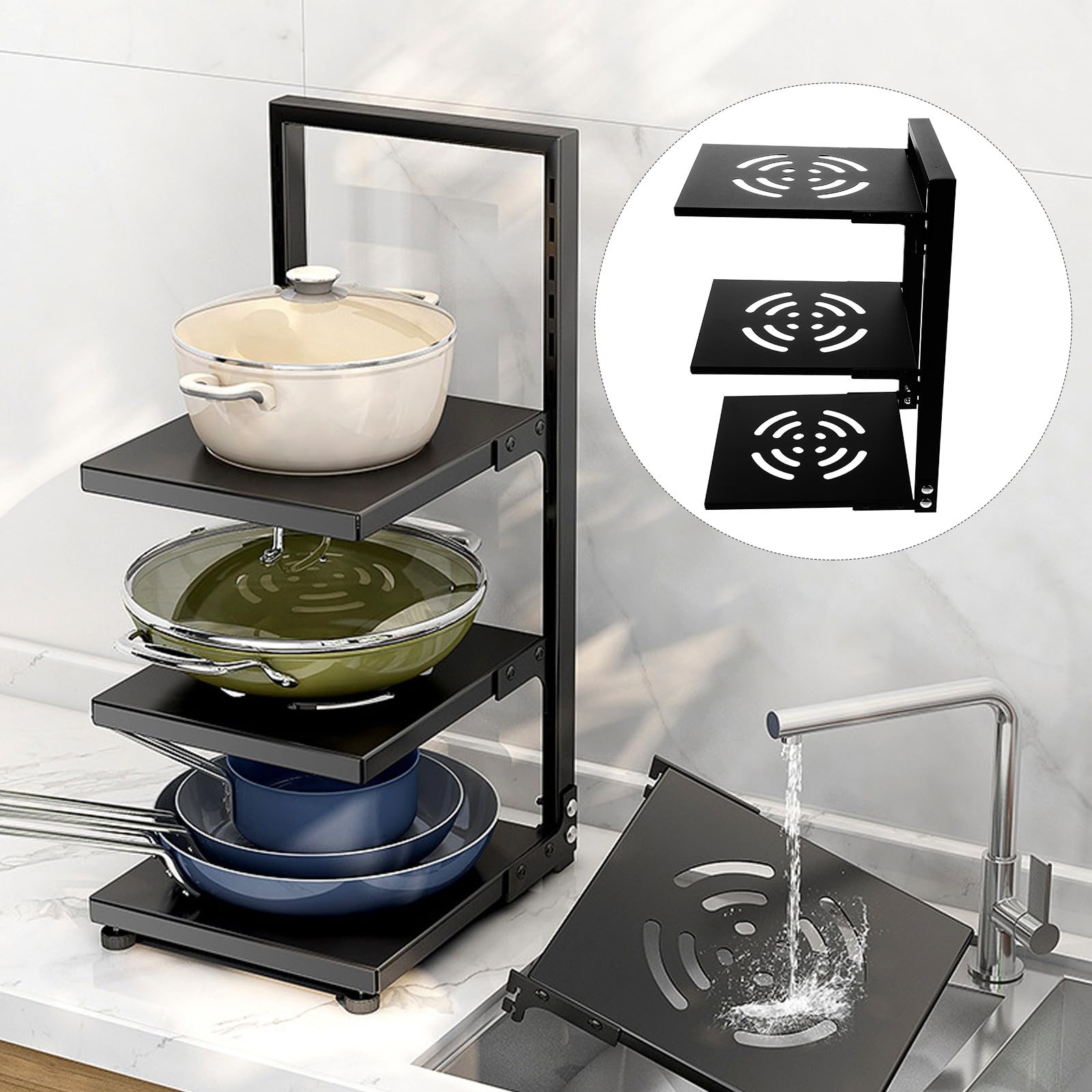 Organizzatore per Pentole e Padelle a 3 Livelli in Acciaio al Carbonio Nero Portata Elevata e Spazi Regolabili, per Armadietto Cucina e Bagno