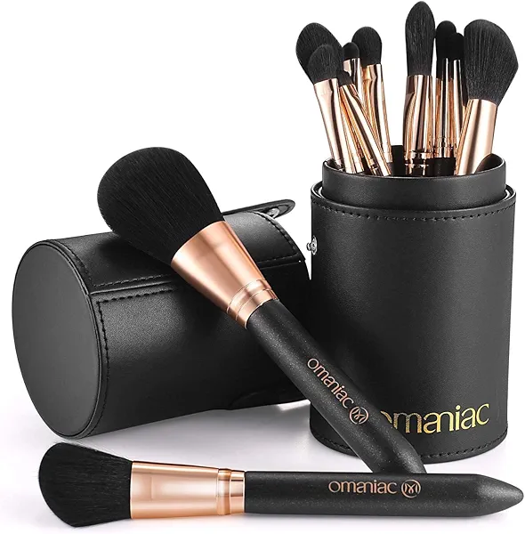OMANIAC Makeup Brush Set Professional, 12 Pearlescent Wood Handle Makeup Brushes, Premium Cruelty-Free Synthetic Fiber Hair, Travel Make up Brushes Set with Case (Black).