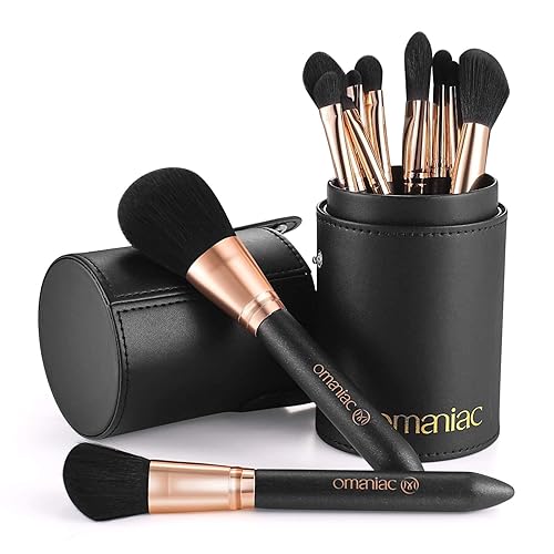 Miniatura 8 de OMANIAC Juego de brochas de maquillaje profesional, 12 brochas de maquillaje con mango de madera nacarada, pelo de fibra sintética sin crueldad