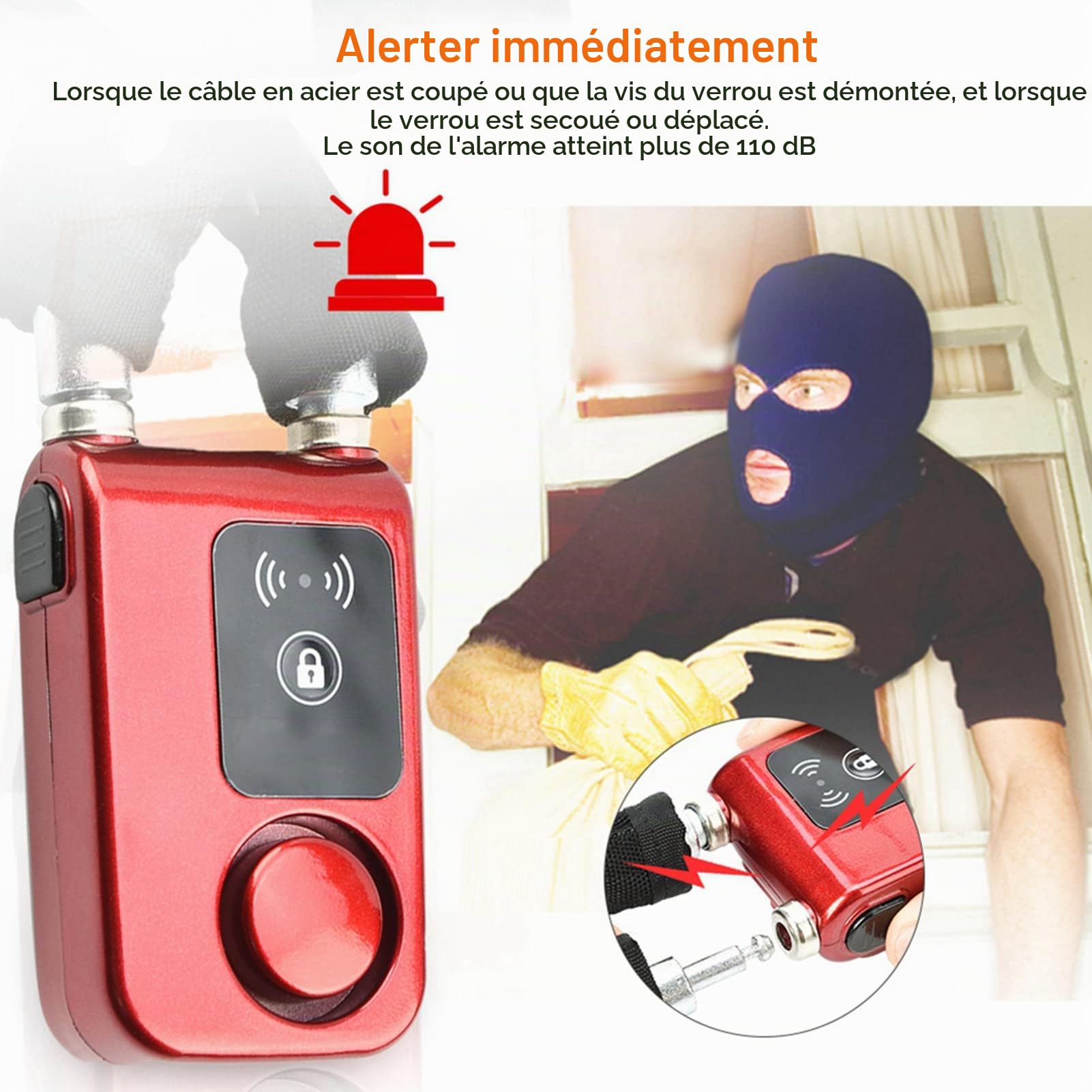 Verrou Antivol de Vélo, Alarme Sans Clé Antivol de Vélo Antivol Intelligent Alarme de contrôle de téléphone intelligent cadenas de chaîne de vélo pour porte de moto de vélo