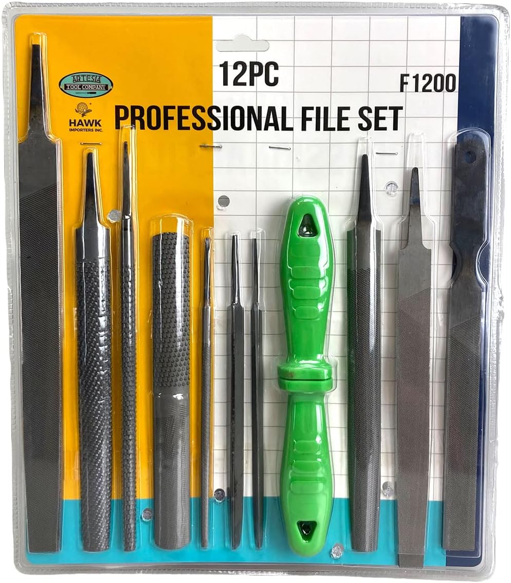 12 Piece Professional File Set | 10 Files & 2 Interchangeable Handles | Diverse Shapes | Vinyl Case | 10" (25.4 cm) to 6" (15.2 cm) Lengths | Comprehensive Tool Collection