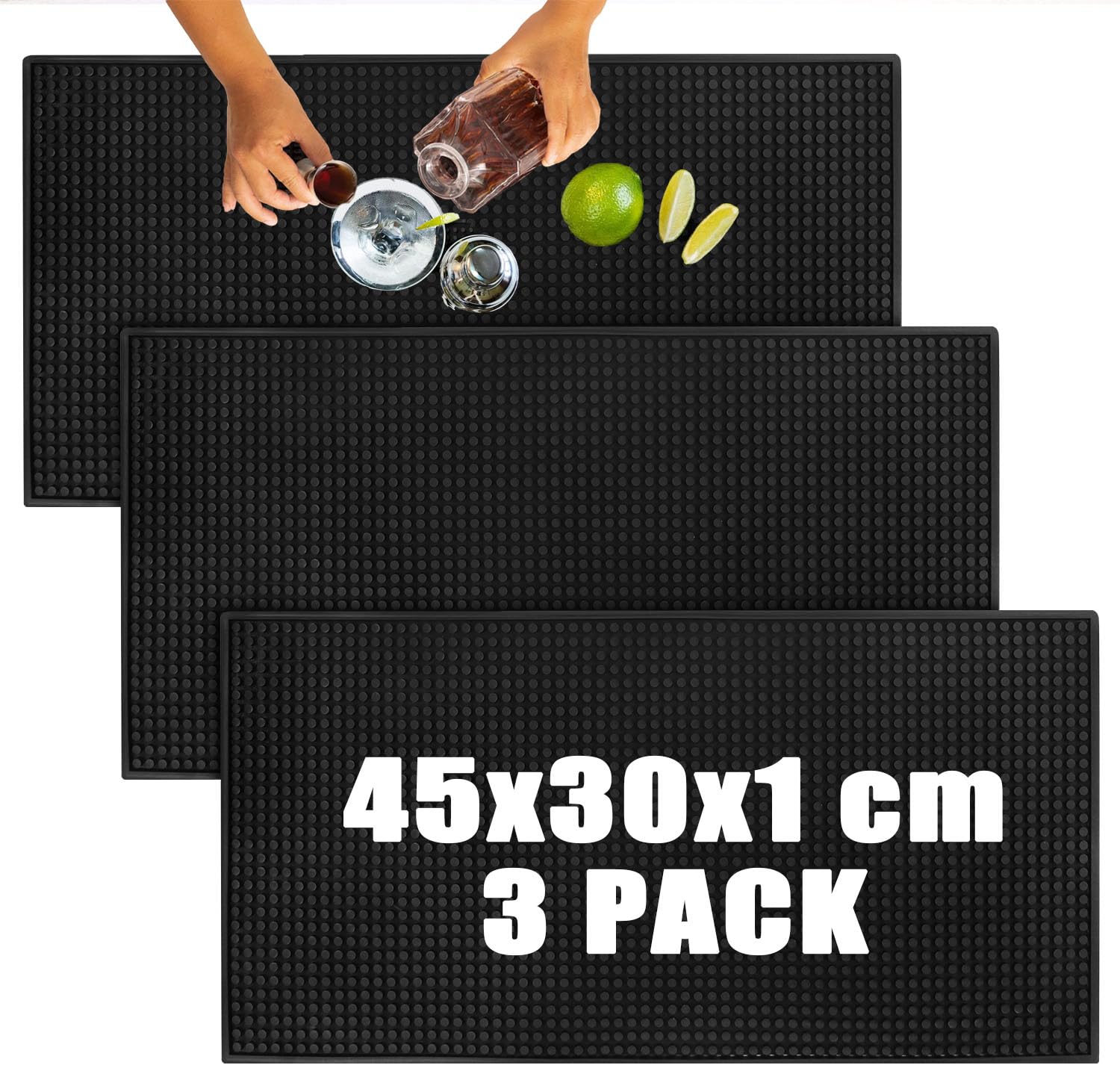 3 Stück Barmatte 45x30x1cm PVC Abtropfmatte Schwarz Bar Matten Rutschfeste Schwarz Bar Service Matte für Bar Club, Küche, Café, Tee, Restaurants, und Theken
