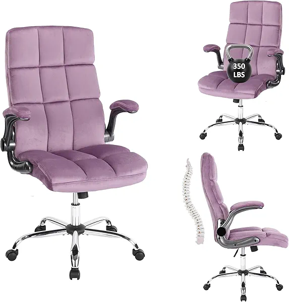 Velvet Executive Office Chairs with Flip up Armrests, Comfy Fabric Home Office Desk Chair with Wheels for Women, Height Adjustable 360° Swivel Rocking Ergonomic Chairs(Purple)
