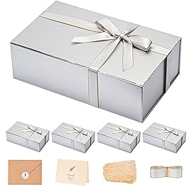 LIFELUM Gift Boxes with Lids,5 Pack 13.85 x 8.35 x 4.45 inch Silver Gift Boxes with Ribbon, Card, Shredded Paper Filler for Presents,Graduation,Christmas,Birthdays