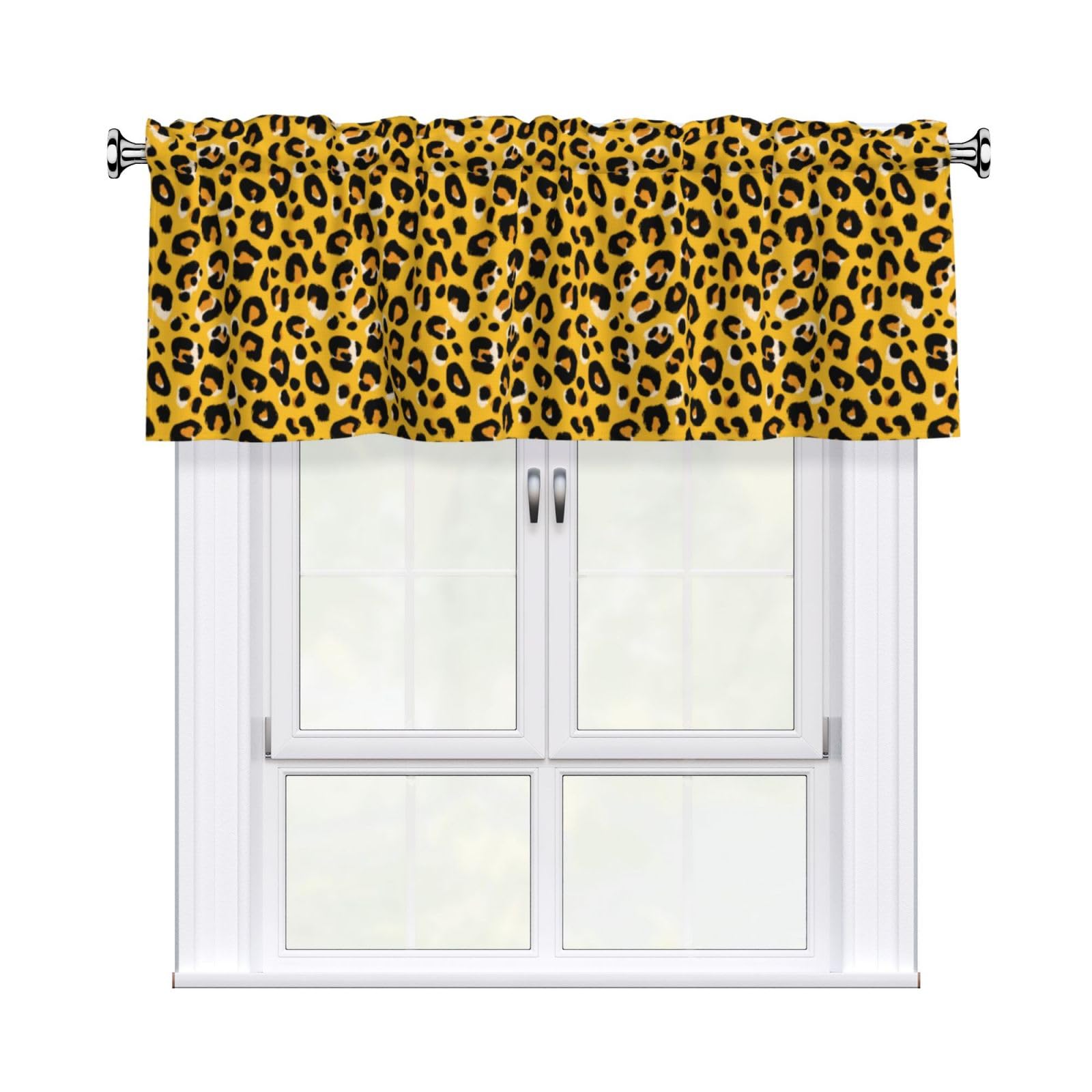 Woshuwo Leopard Funny Pattern On Yellow Valances For Windows Rod Pocket Window Treatment Short Curtains For Kitchen Living Room Bedroom Decor 54x18in
