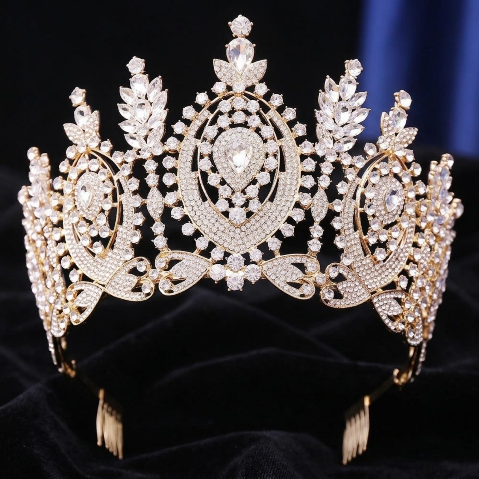Corona Novia Brillant Ornamental Llamativa Adorno Cabello para Quinceañeras, KC Oro + Diamantes Rojos Completos + Peine