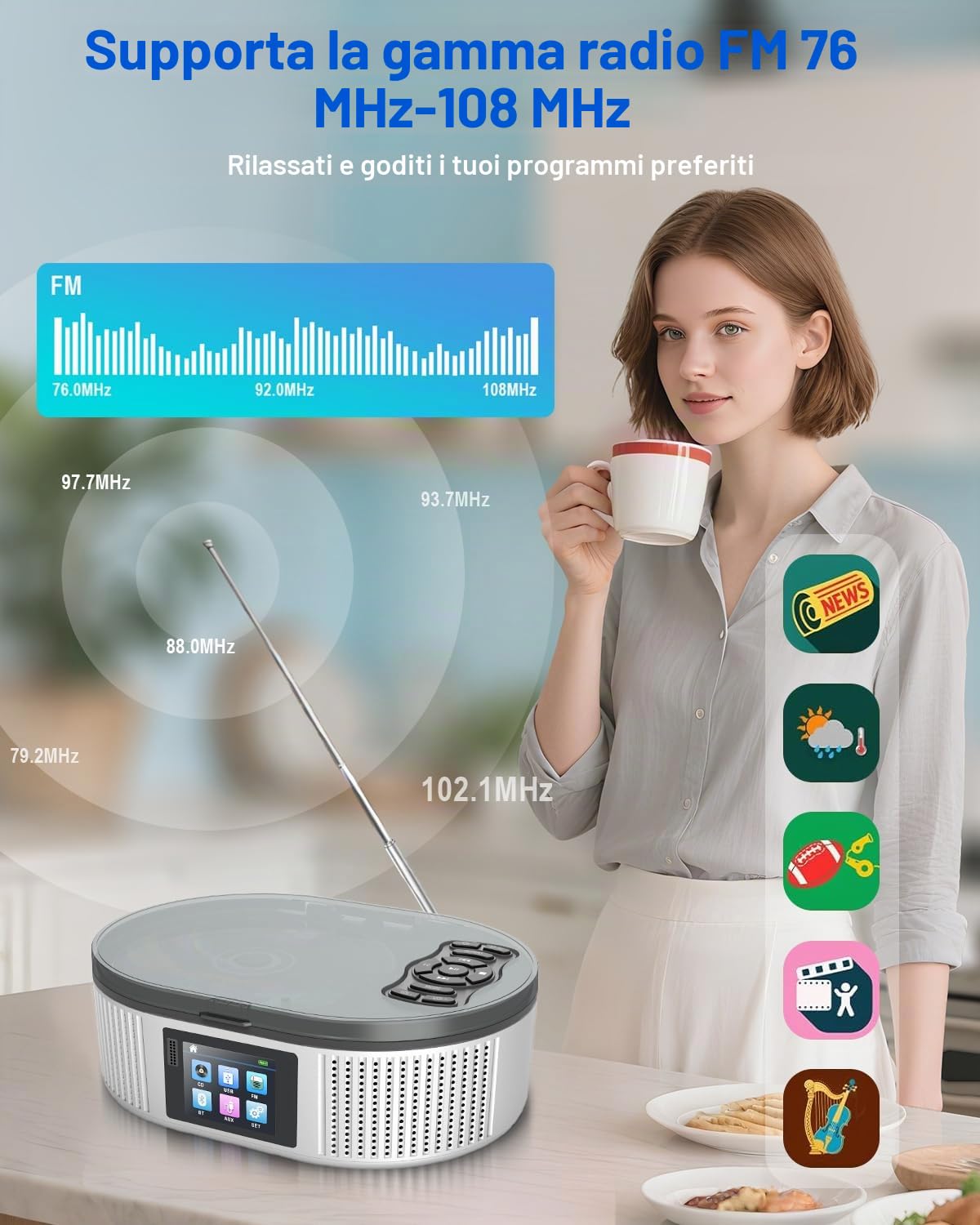 Lettore CD Portatile Bluetooth 5.3 con Altoparlante Dual Stereo, 4000mAh Lettore CD Bluetooth Controllo Remoto, Schermo LCD, Supporto FM/USB/AUX
