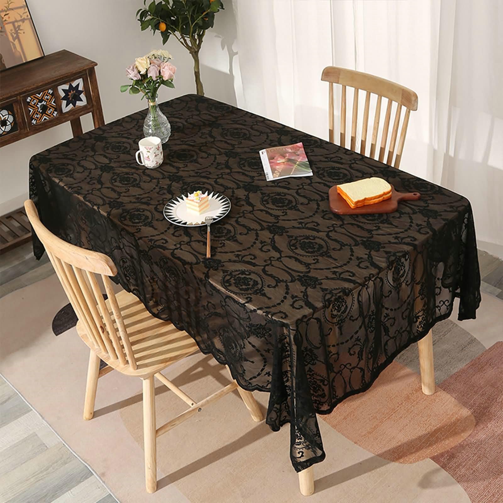 Gualiy Tovaglie Rettangolari Poliestere, Tovaglie Sala da Pranzo 140 x 300cm Tovaglia Antimacchia Cucina Pizzo Ricamo Fiore Pattern Tovaglia per Pranzo, Nero