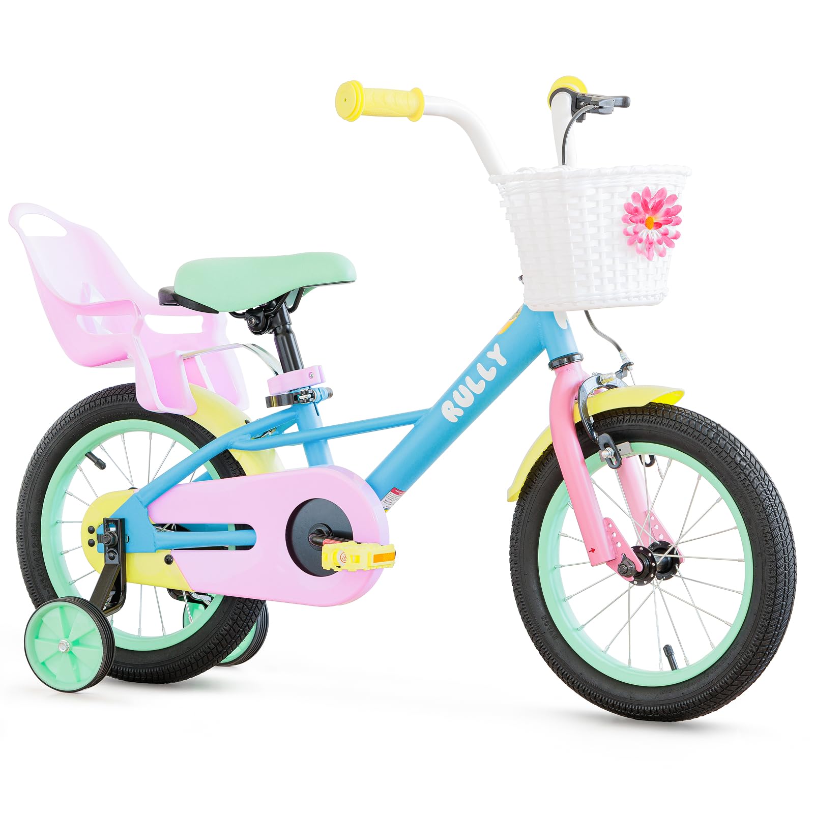 RULLY 12 14 16 Inch Kids Bike for 2-7 Years Girls, Toddler Bicycle with Training Wheels &amp; Coaster Brake, Rainbow Bike, Macarons