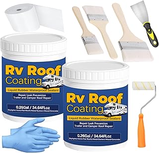 0.52Gal/69.28Fl.oz Liquid Rubber Rv Roof Coating White Waterproof Sealant Camper Roof Repair Solar Reflective Wooden Brush Putty Knife Nitrile Gloves Paint Roller Drywall Repair Tape