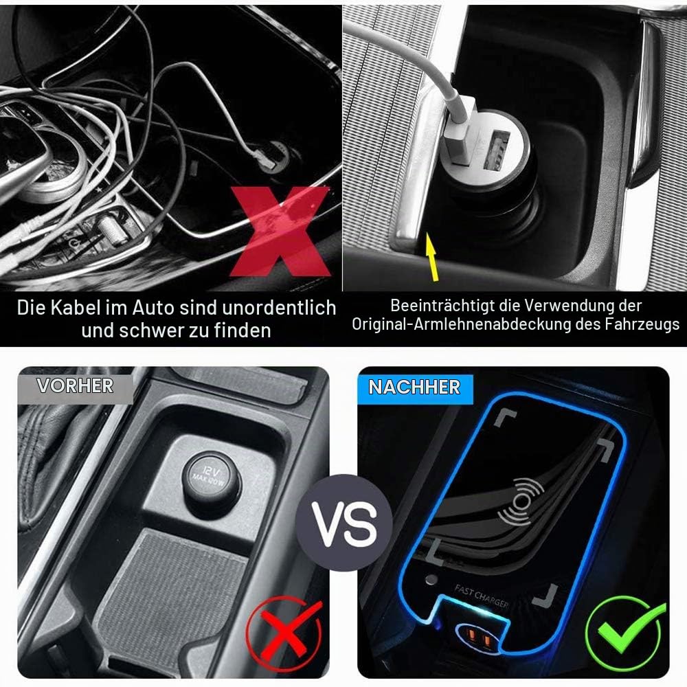 Upgrade Kabelloses Ladegerät Auto für Volvo XC90 XC60 V90 V60 S90 S60 2016-2021 Center Console, 15W Wireless Schnell-ladegerät mit 2 18W QC3.0 USB für iPhone 12/11/XS/X Samsung S20/S10/S9
