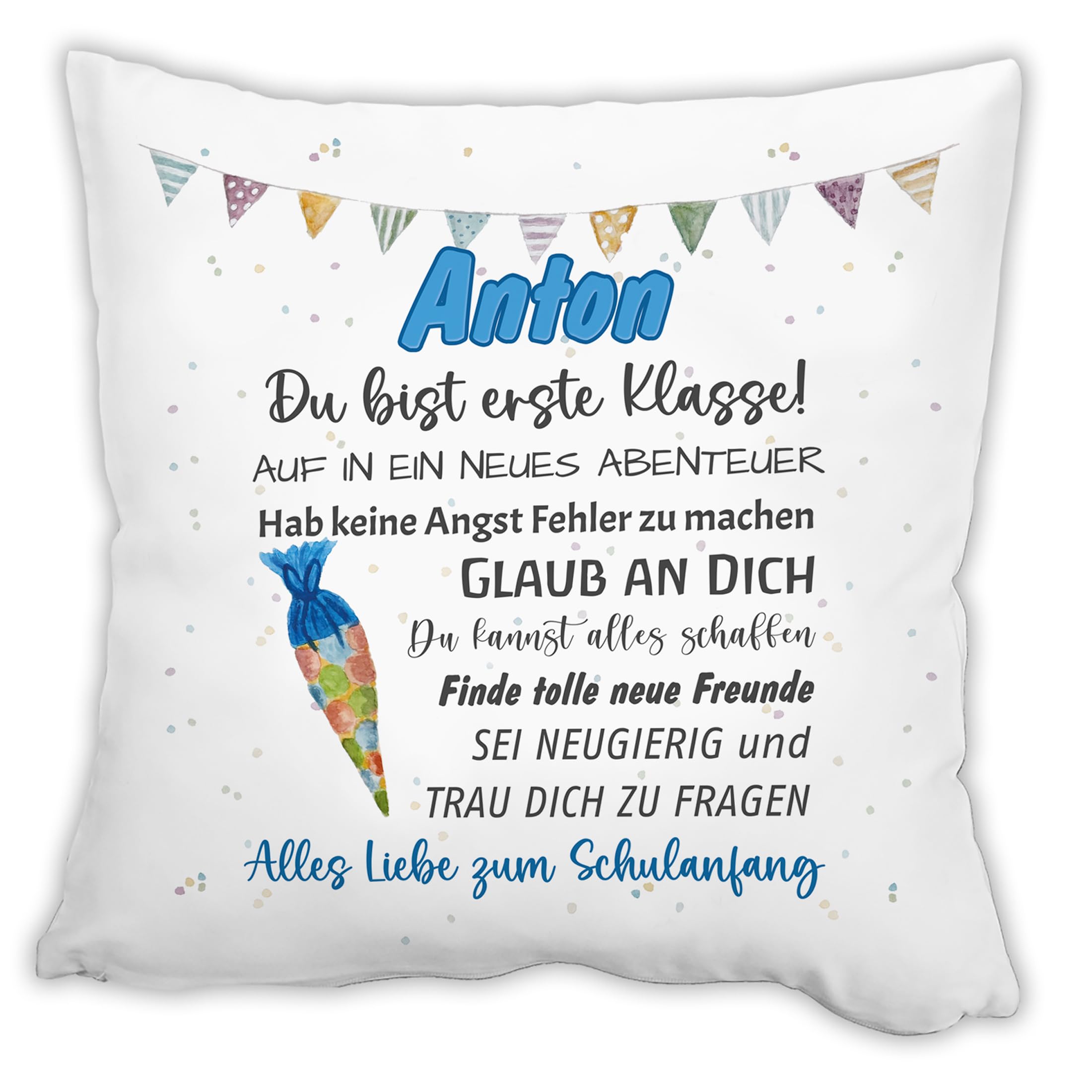 Unikatolo Kissen Schulkind BLAU mit Name personalisiert | individuelles Geschenk zur Einschulung für Kinder Kinderzimmerdeko Namenskissen zum Schulstart, Schulanfang Schultüte