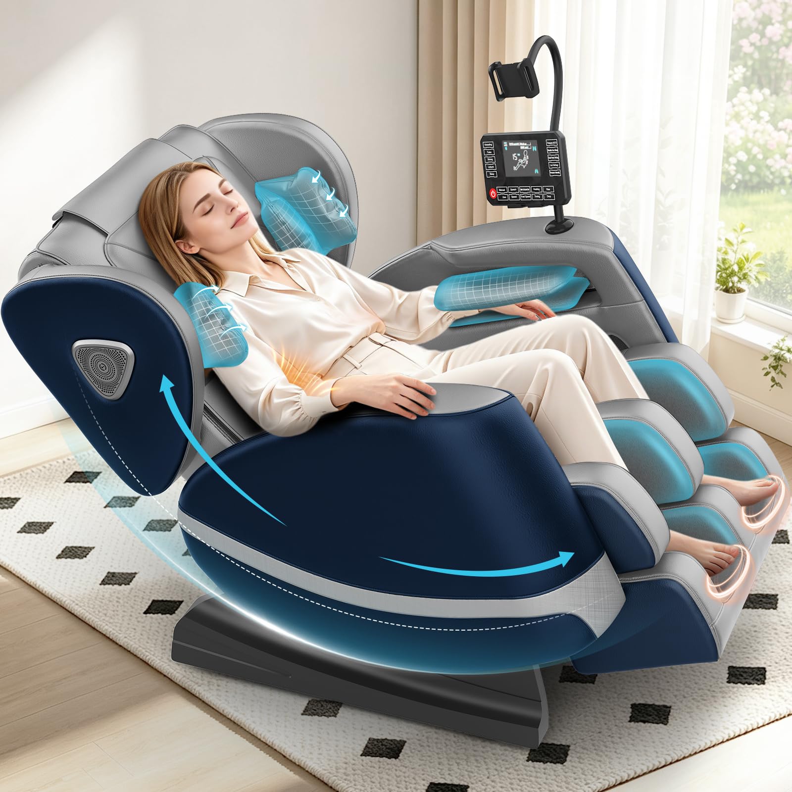 Gegcucey Ganzkörper Massagesessel mit Rollen & Airbags für Massage, Zero Gravity mit Bluetooth Lautsprecher und Touchscreen, Heizfunktion für Taille & Beine, mit Fußmassage für Hause/Büro (Hellgrau)