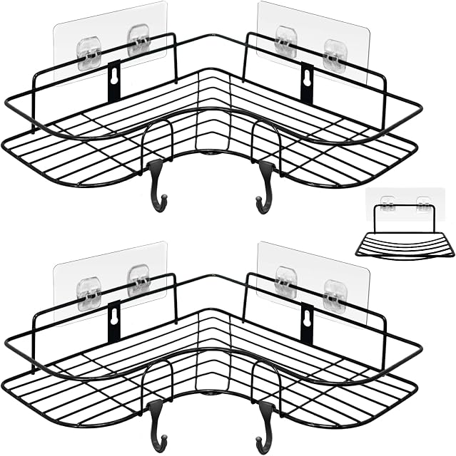 ADORAMOUR Corner Shower Caddy Black Bathroom Shelves Organiser Accessory Adhesive Storage Shelf with Soap Dish, Bath Accessories Shampoo Holder for Apartment Dorm Toilet (2Pack)