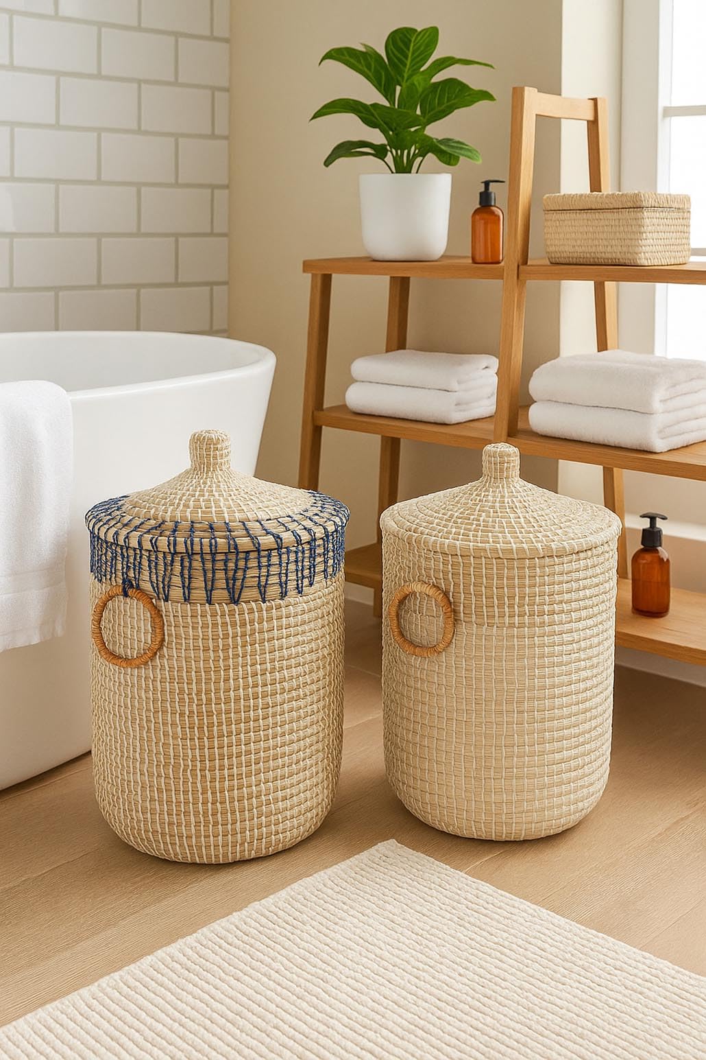 Kobolo Schlangenkorb BOREA aus Seegras | Ø 37 cm, H 54 cm | handgeflochtener Aufbewahrungskorb mit Deckel in beige | Wäschekorb | Deko Korb | aus Naturmaterial für Wäsche, Spielzeug, Zeitschriften