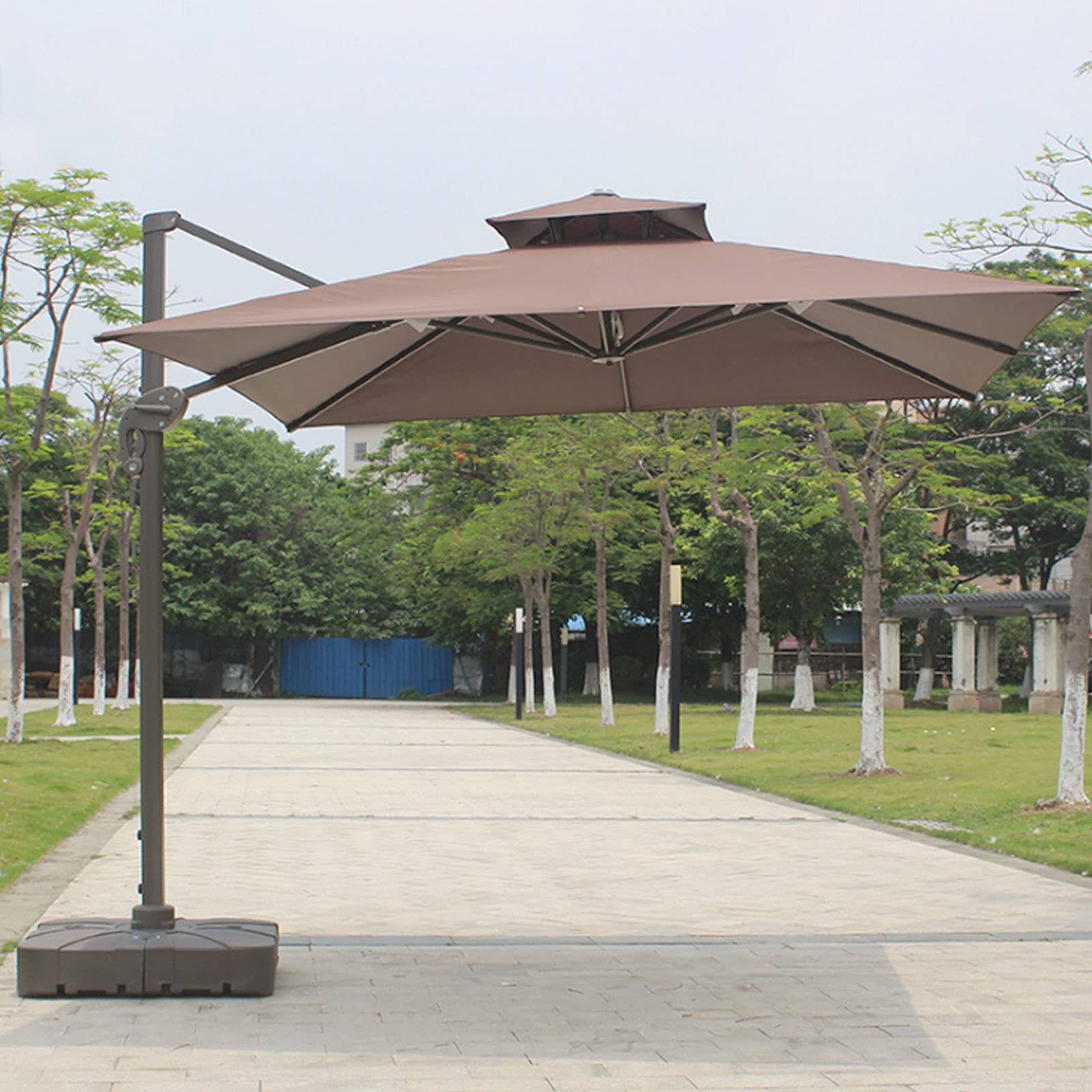 Parasol Excentrico, Sombrilla Patio para Exteriores, Parasol Resistente al Viento con Base de Inyección de Agua, 8 Varillas Resistentes para de Terraza de Jardín, Piscina, Patio,Marrón,3x3m
