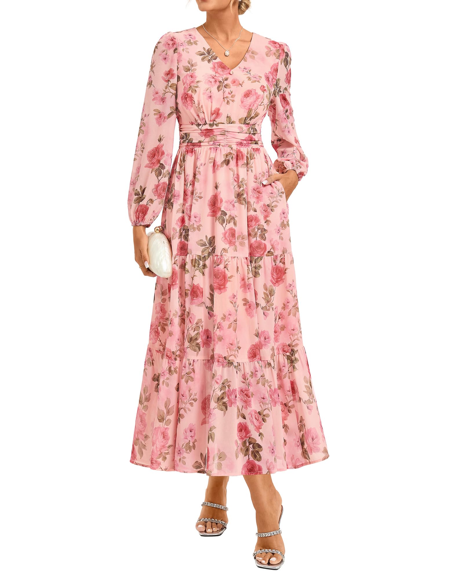 GRACE KARIN Damen Kleid V-Ausschnitt Langarm Hochzeitsgast Blumen Maxikleid | A-Linie Chiffon Kleid. Mit Reißverschluss & Taschen. Perfekt für Hochzeitsgast, Feste & Partys.