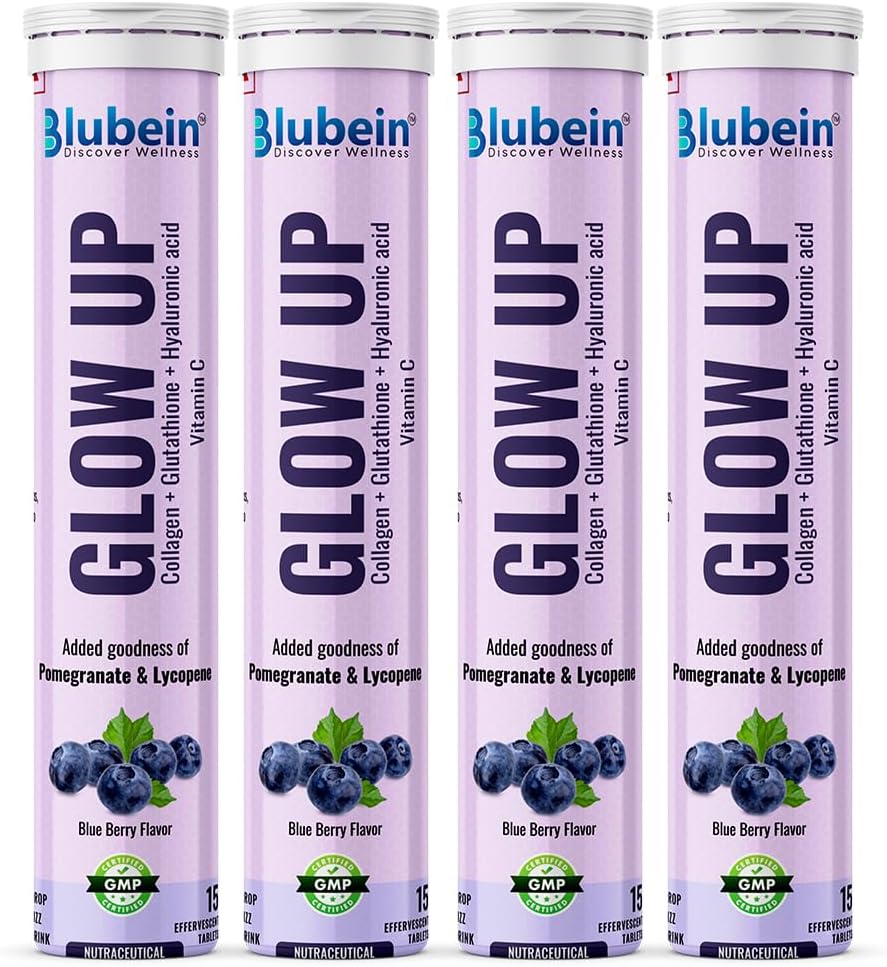 Blubein Glow Up - Radiant Skin Care Drink | 1000Mg Marine Collagen With Glutathione & Vitamin C For Youthful Skin | Green Tea Blueberry Flavor For Men & Women X Pack Of 4, Tablet