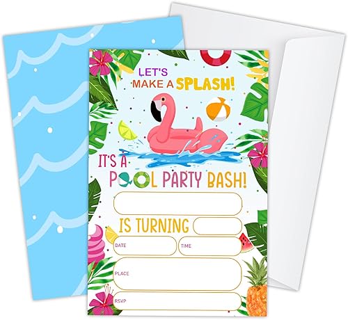 Splish Splash Pool Invitación de fiesta de cumpleaños, tarjetas de invitación de fiesta de piscina de flamenco para niños y niñas, suministros de