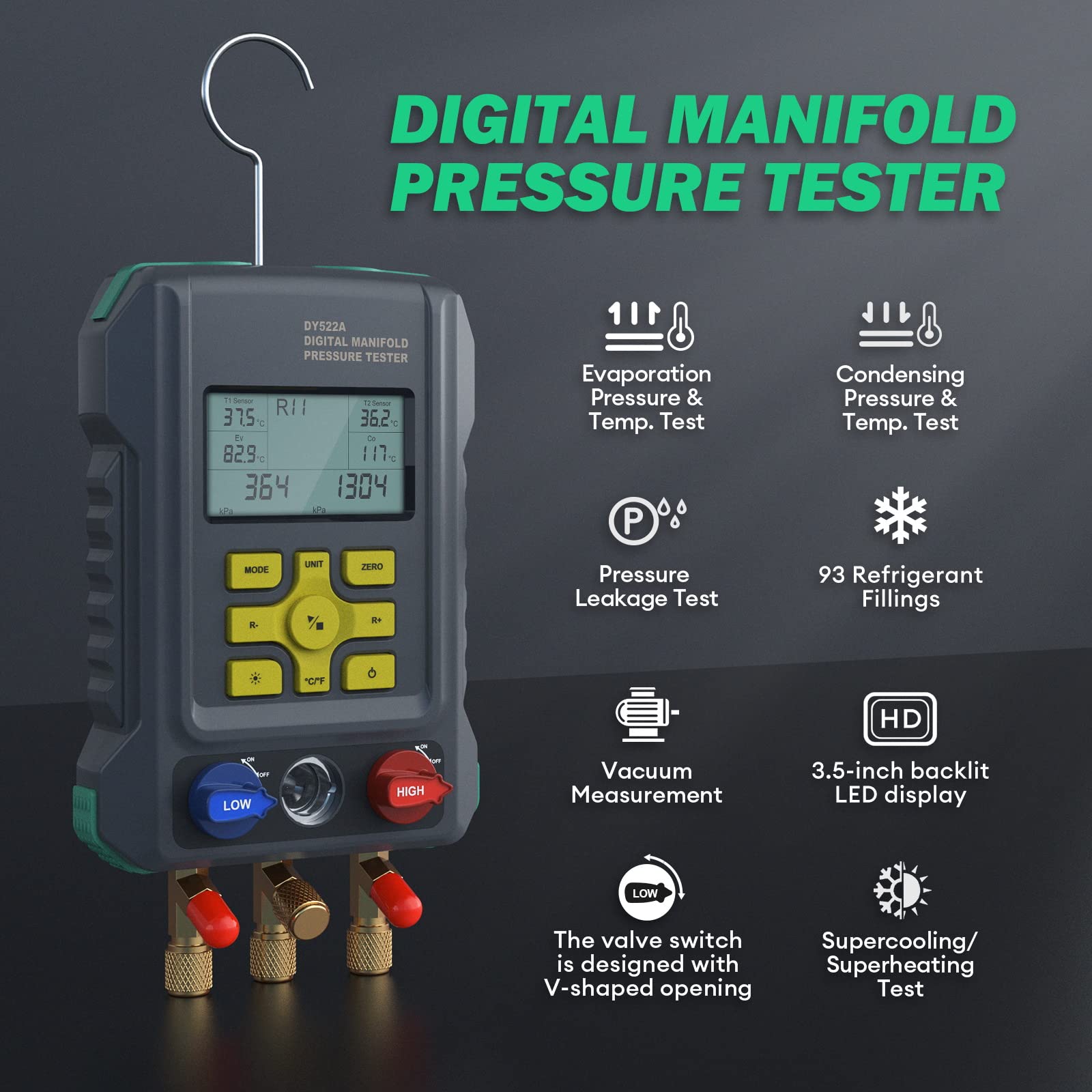 R134a Digital Manifold Gauge Set HVAC With Built-in 93 Refrigerants, Digital Refrigerant Gauges